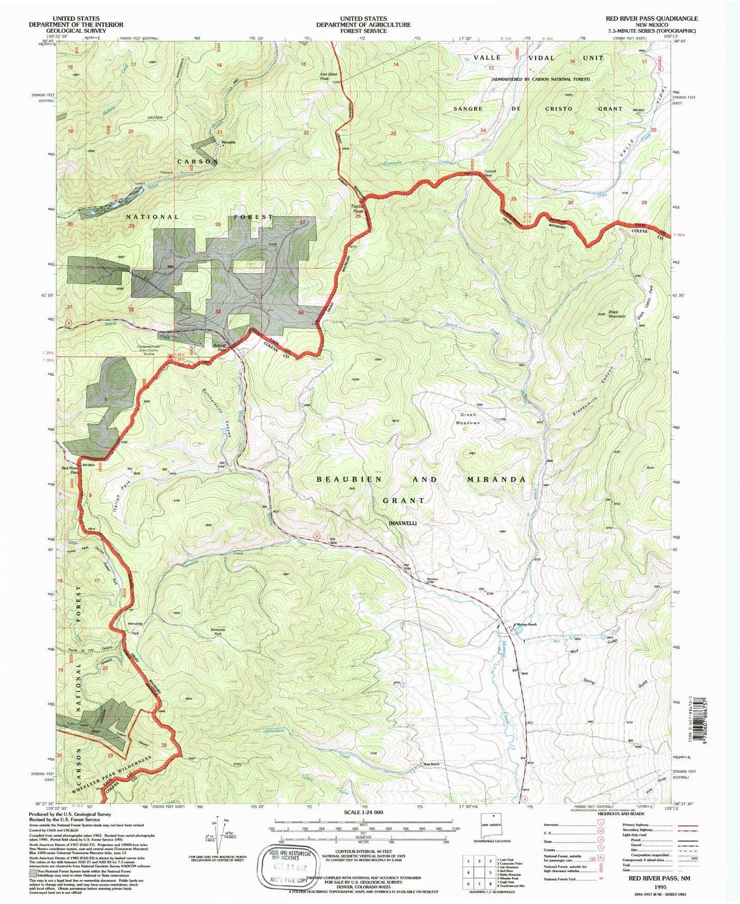 Classic USGS Red River Pass New Mexico 7.5'x7.5' Topo Map Image