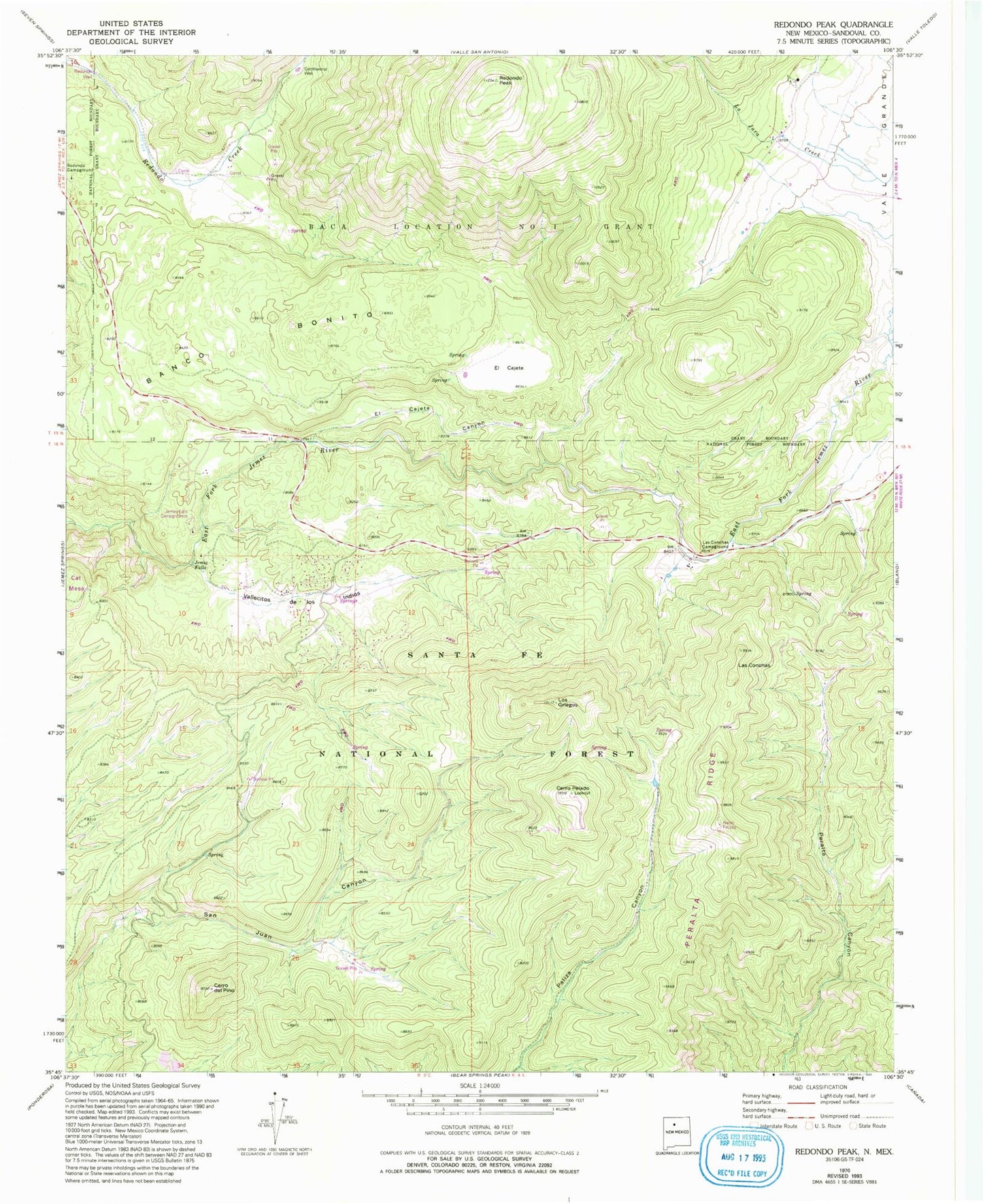 Classic USGS Redondo Peak New Mexico 7.5'x7.5' Topo Map Image