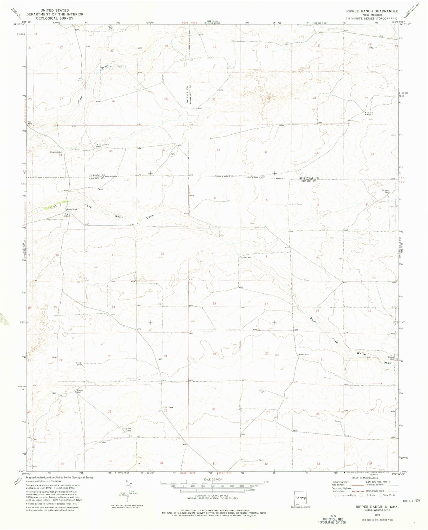 Classic USGS Rippee Ranch New Mexico 7.5'x7.5' Topo Map Image