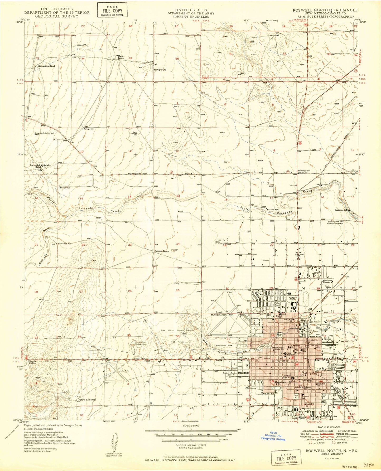 Classic USGS Roswell North New Mexico 7.5'x7.5' Topo Map Image