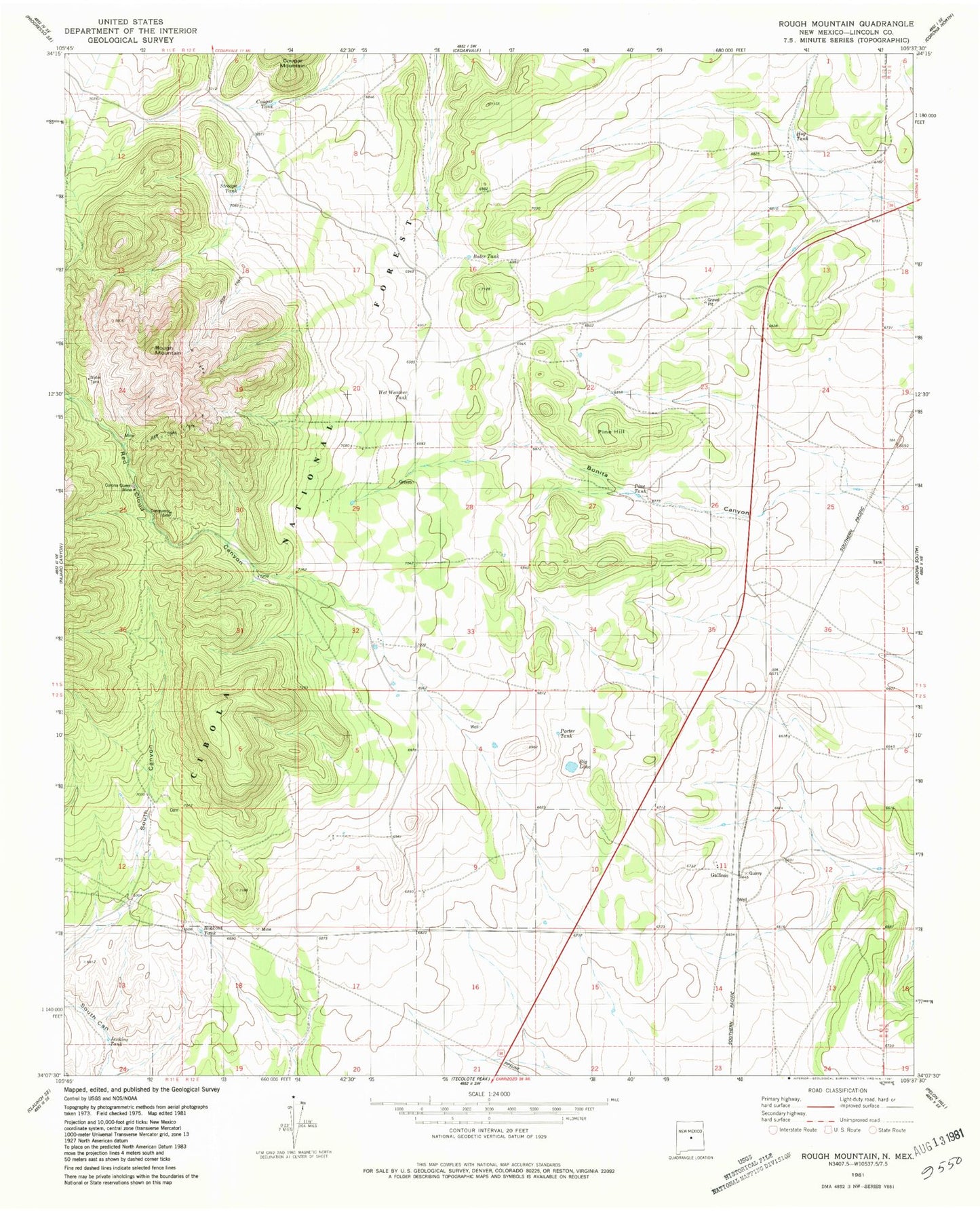 Classic USGS Rough Mountain New Mexico 7.5'x7.5' Topo Map Image