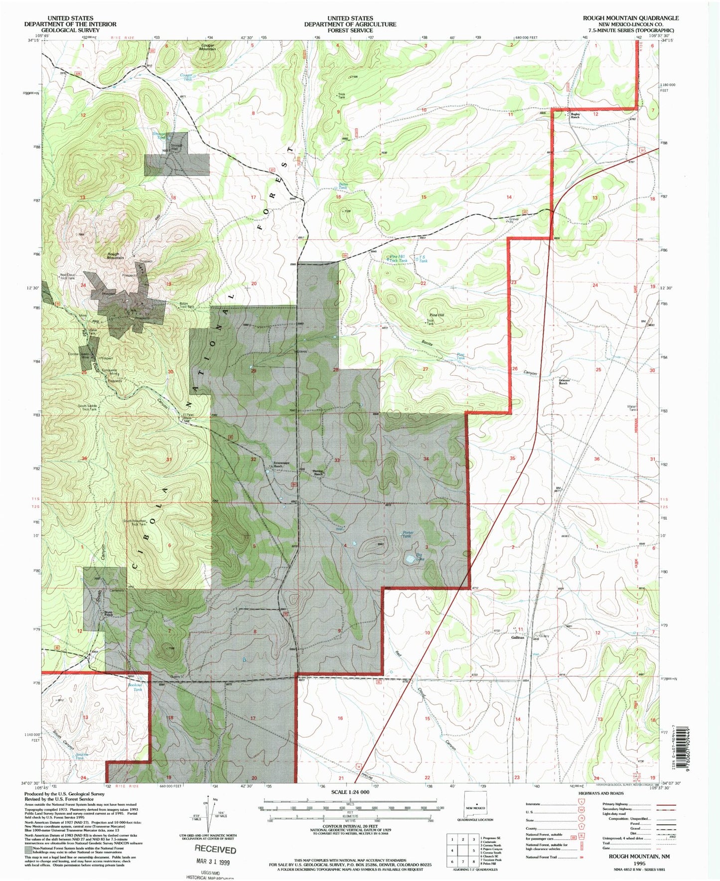 Classic USGS Rough Mountain New Mexico 7.5'x7.5' Topo Map Image
