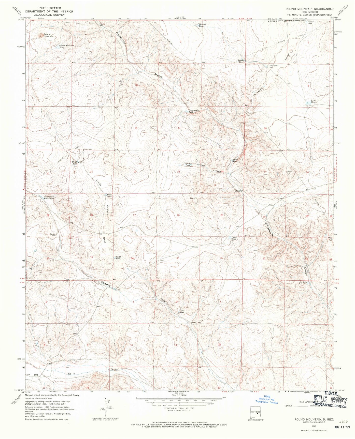 Classic USGS Round Mountain New Mexico 7.5'x7.5' Topo Map Image