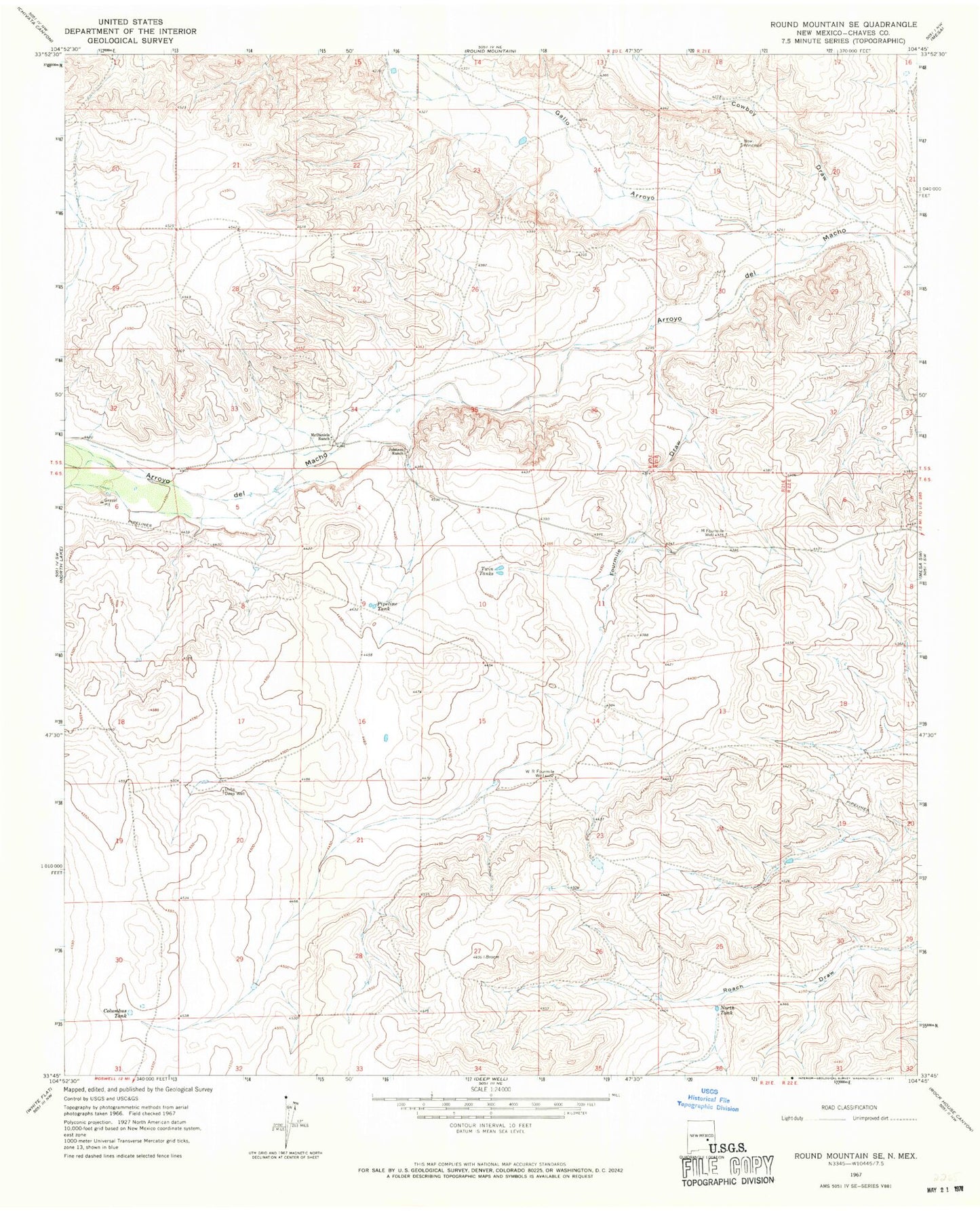 Classic USGS Round Mountain SE New Mexico 7.5'x7.5' Topo Map Image
