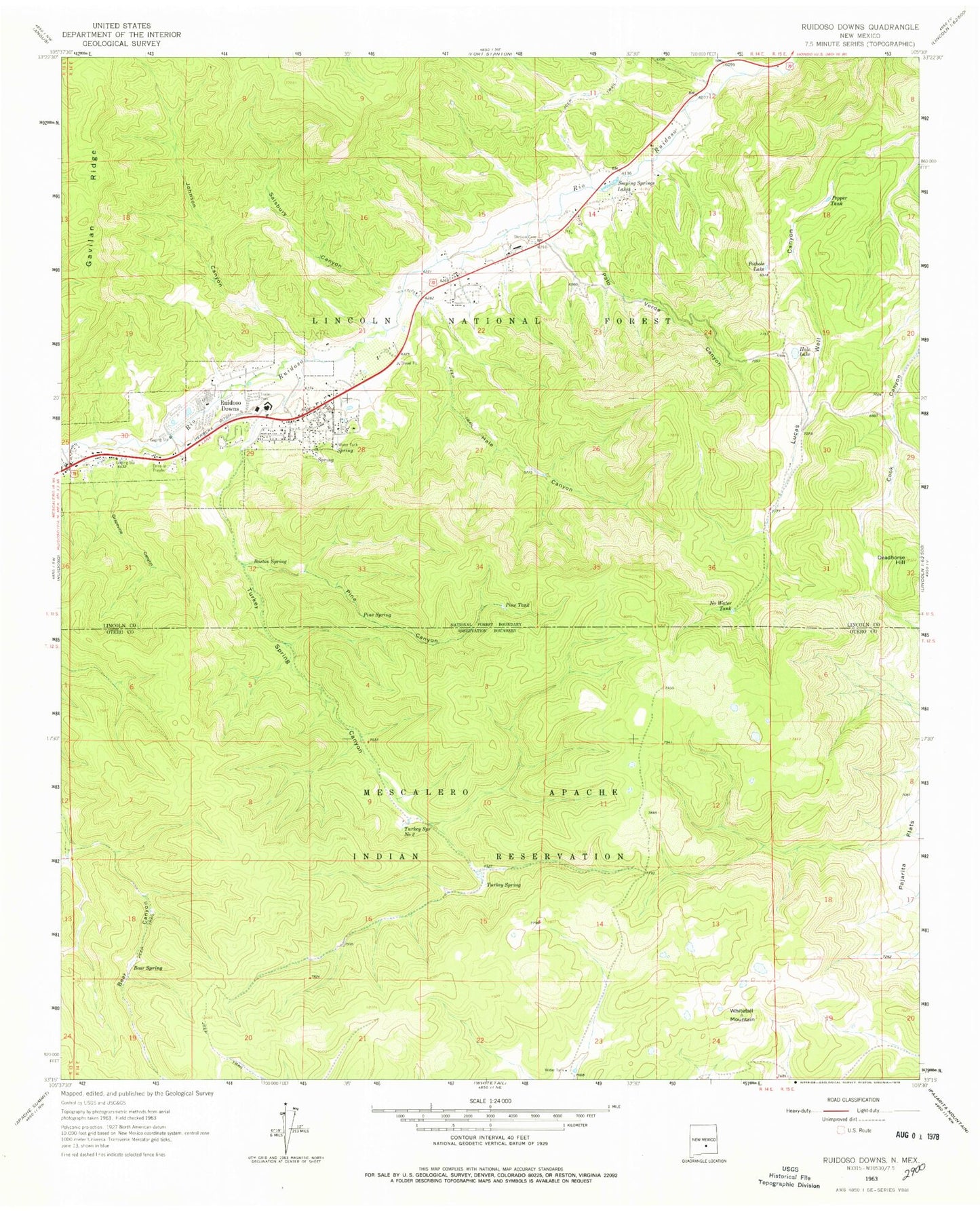 Classic USGS Ruidoso Downs New Mexico 7.5'x7.5' Topo Map Image
