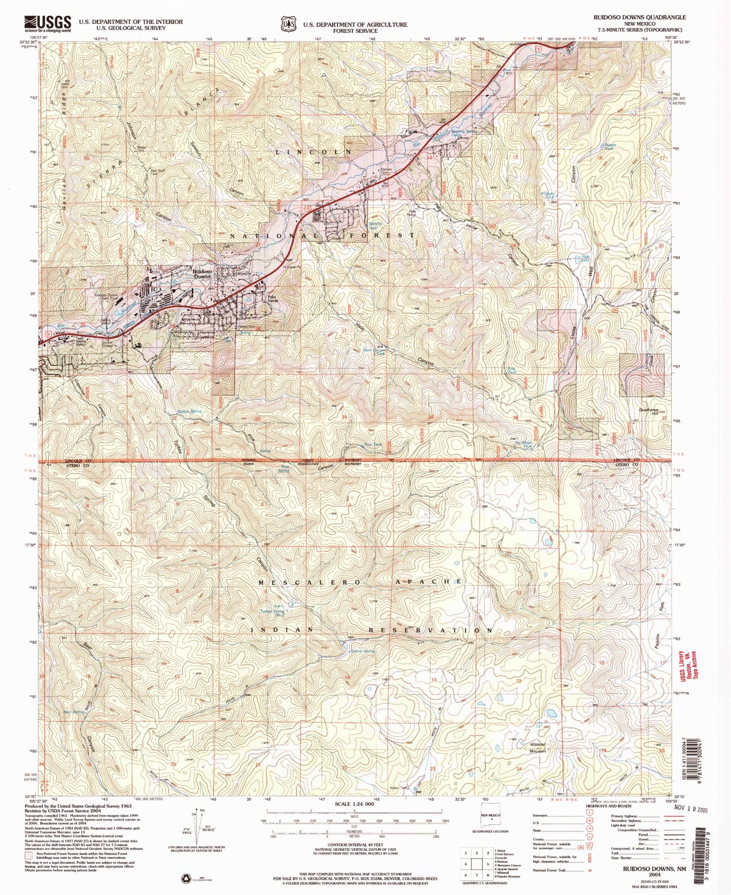 Classic USGS Ruidoso Downs New Mexico 7.5'x7.5' Topo Map Image
