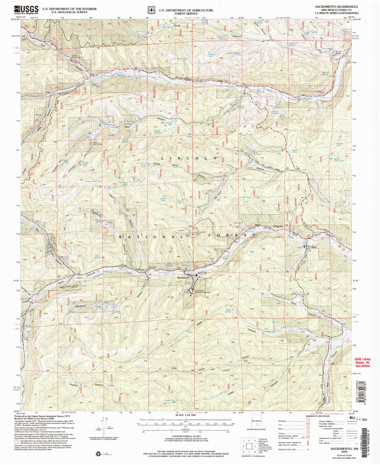 Classic USGS Sacramento New Mexico 7.5'x7.5' Topo Map Image