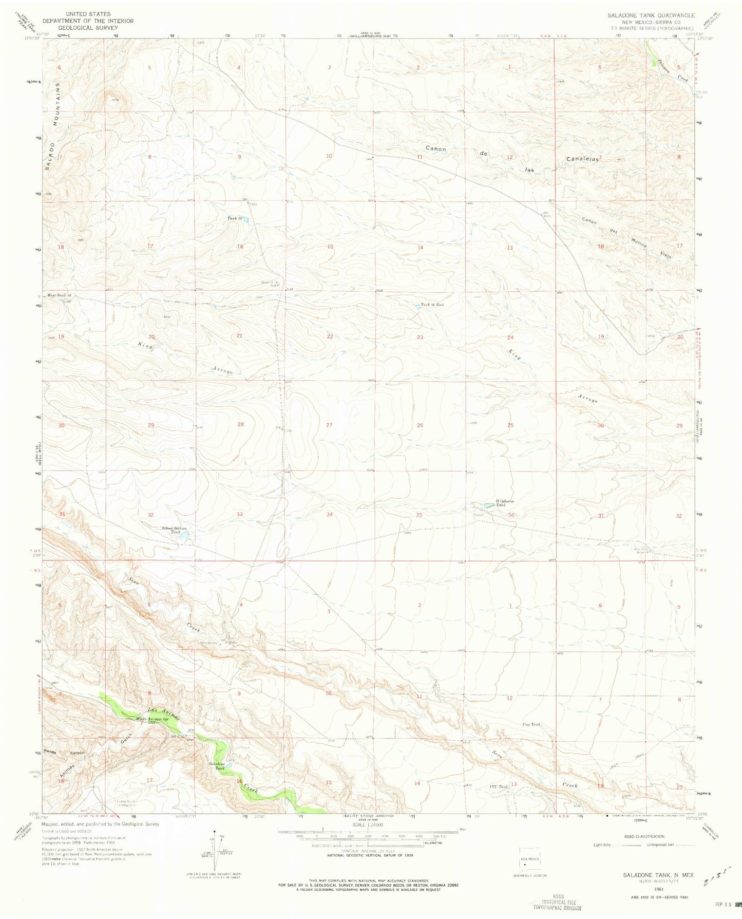 Classic USGS Saladone Tank New Mexico 7.5'x7.5' Topo Map Image