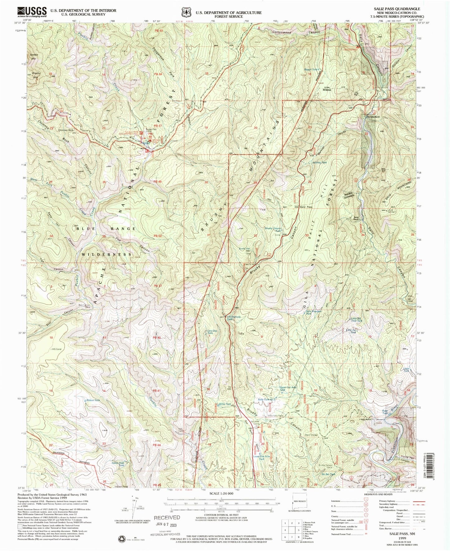 Classic USGS Saliz Pass New Mexico 7.5'x7.5' Topo Map Image