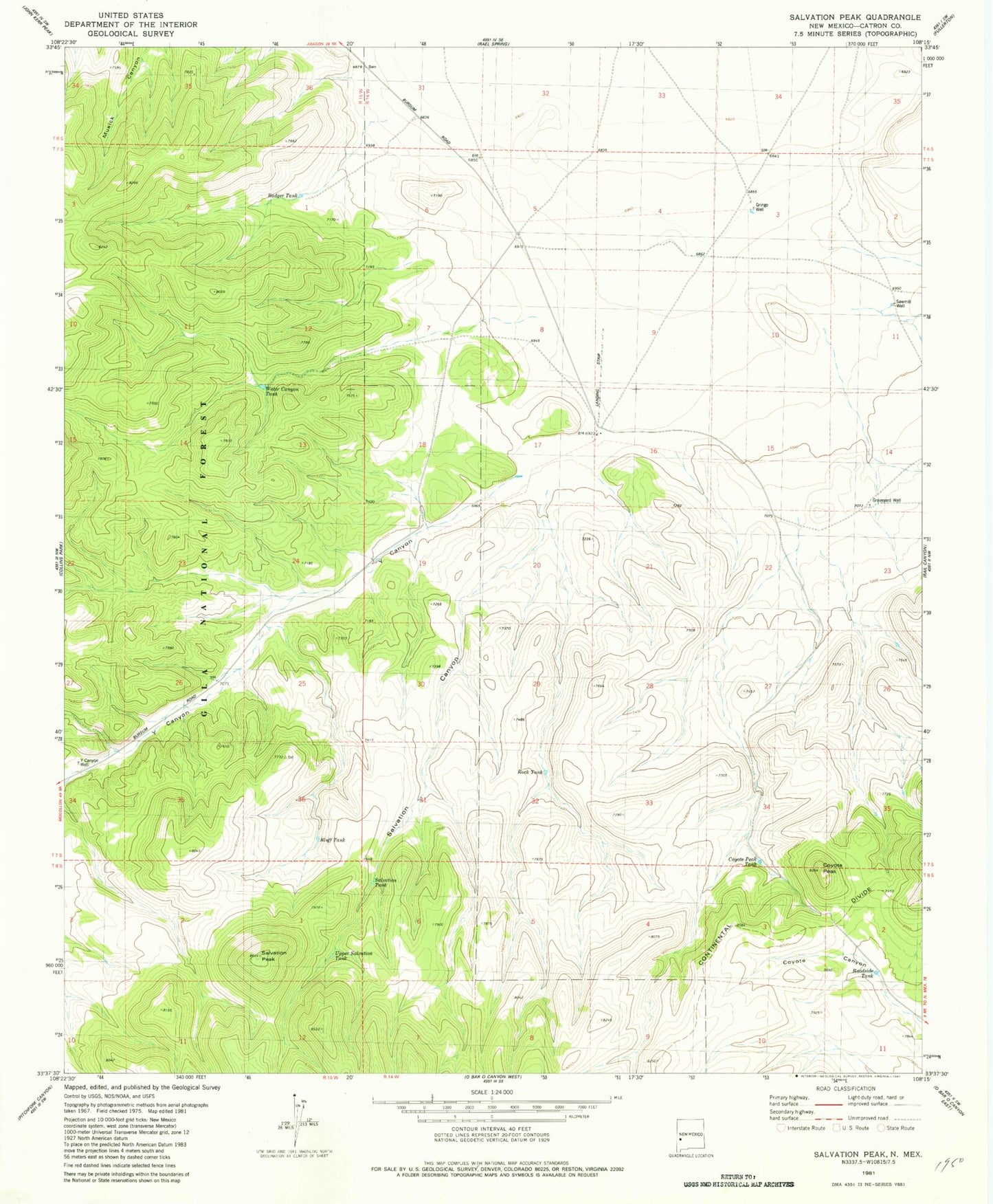 Classic USGS Salvation Peak New Mexico 7.5'x7.5' Topo Map Image