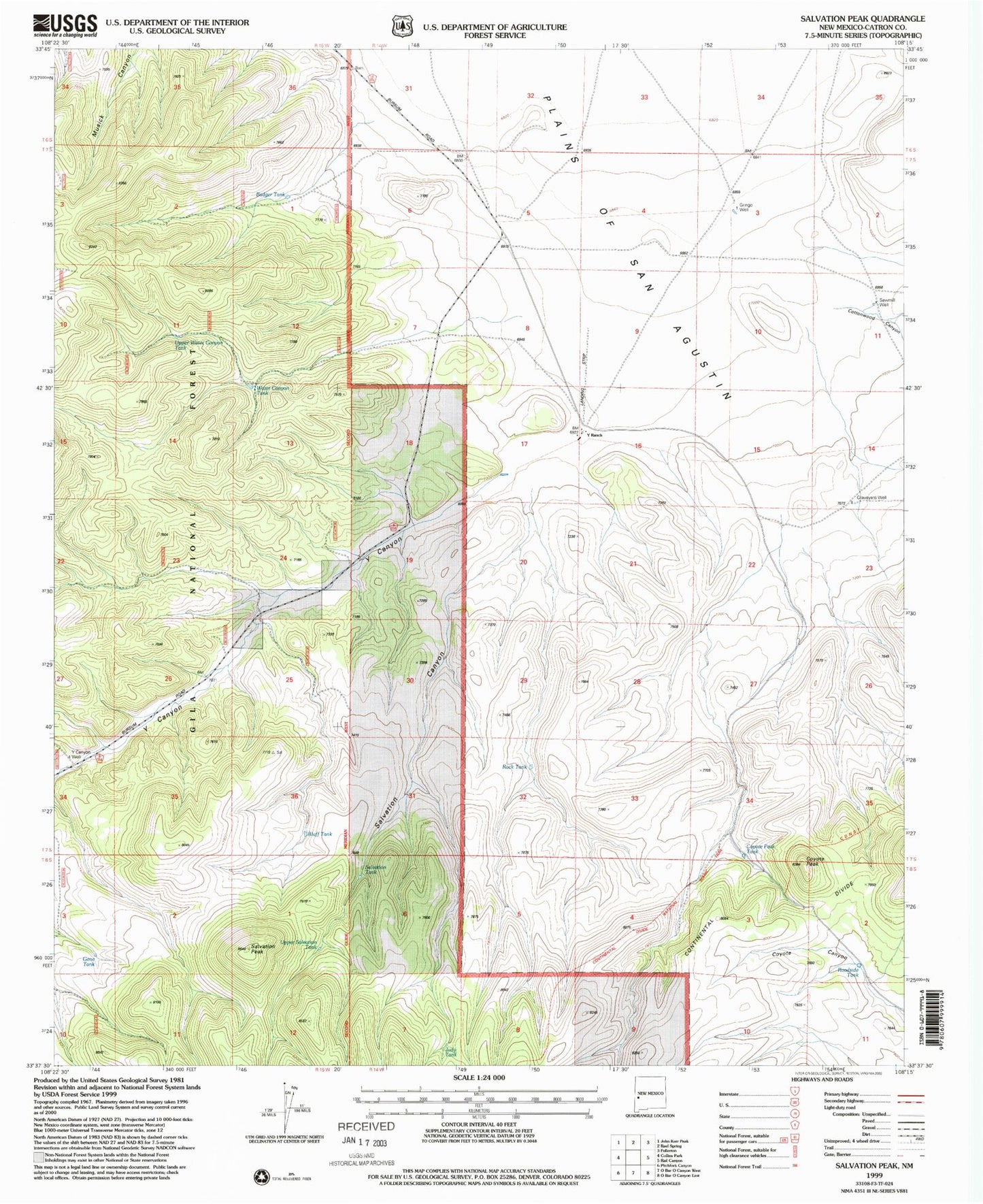 Classic USGS Salvation Peak New Mexico 7.5'x7.5' Topo Map Image