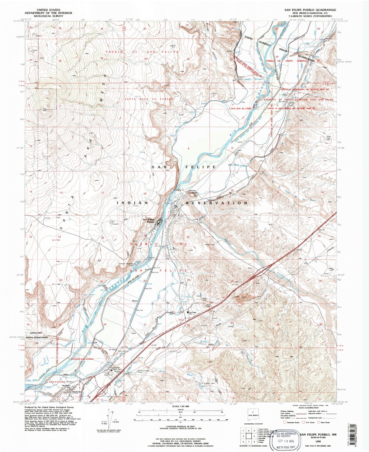 Classic USGS San Felipe Pueblo New Mexico 7.5'x7.5' Topo Map Image