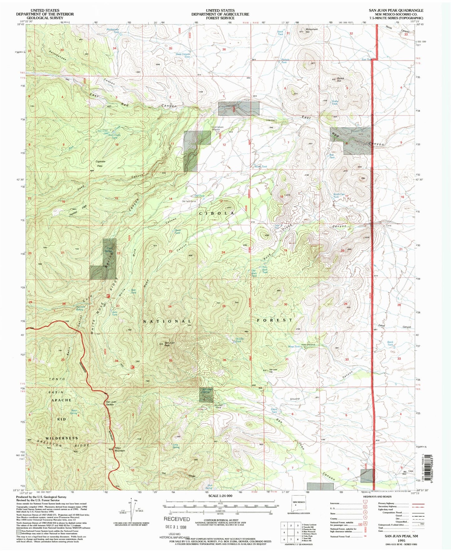 Classic USGS San Juan Peak New Mexico 7.5'x7.5' Topo Map Image