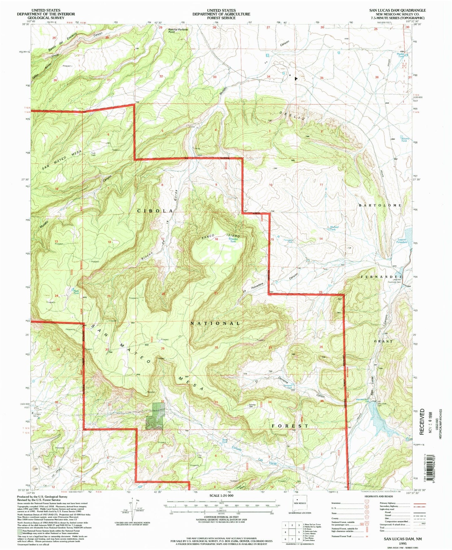 Classic USGS San Lucas Dam New Mexico 7.5'x7.5' Topo Map Image