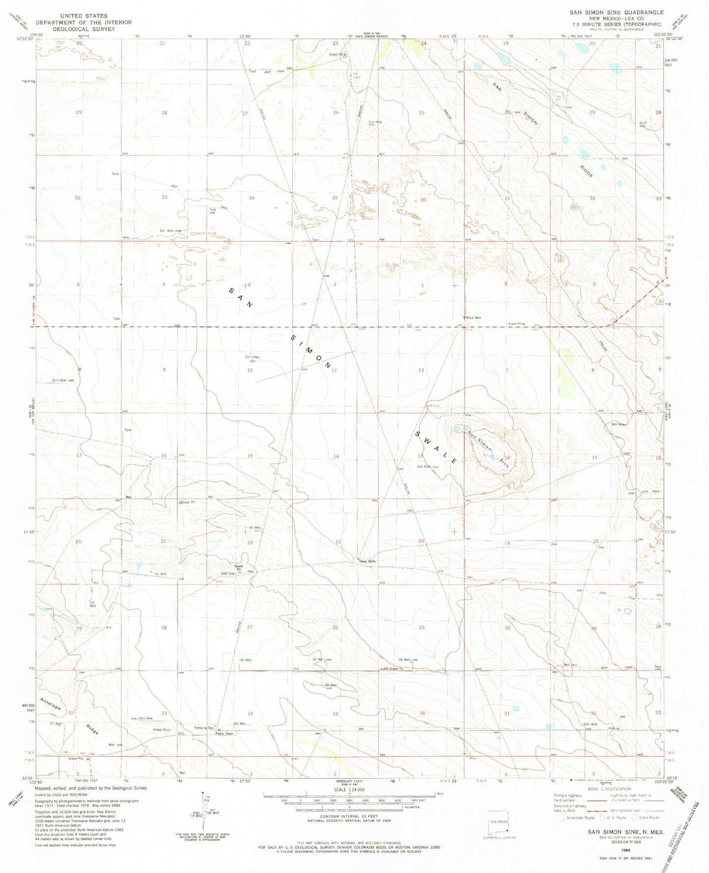 Classic USGS San Simon Sink New Mexico 7.5'x7.5' Topo Map Image