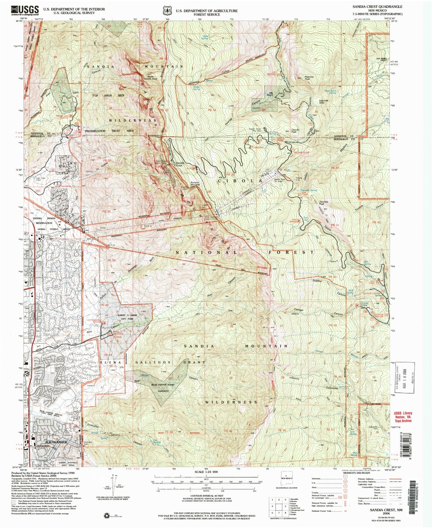 USGS Classic Sandia Crest New Mexico 7.5'x7.5' Topo Map Image