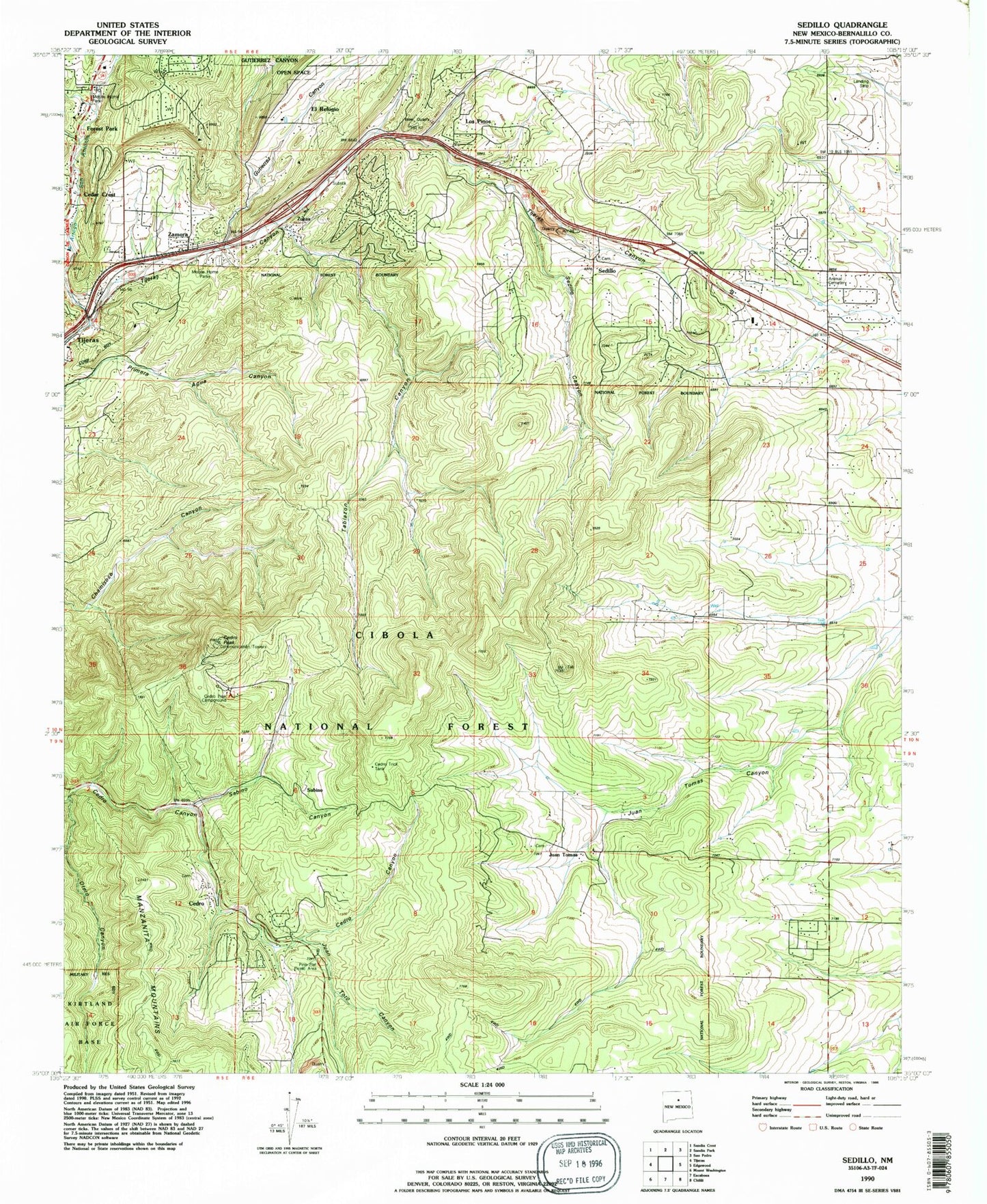Classic USGS Sedillo New Mexico 7.5'x7.5' Topo Map Image