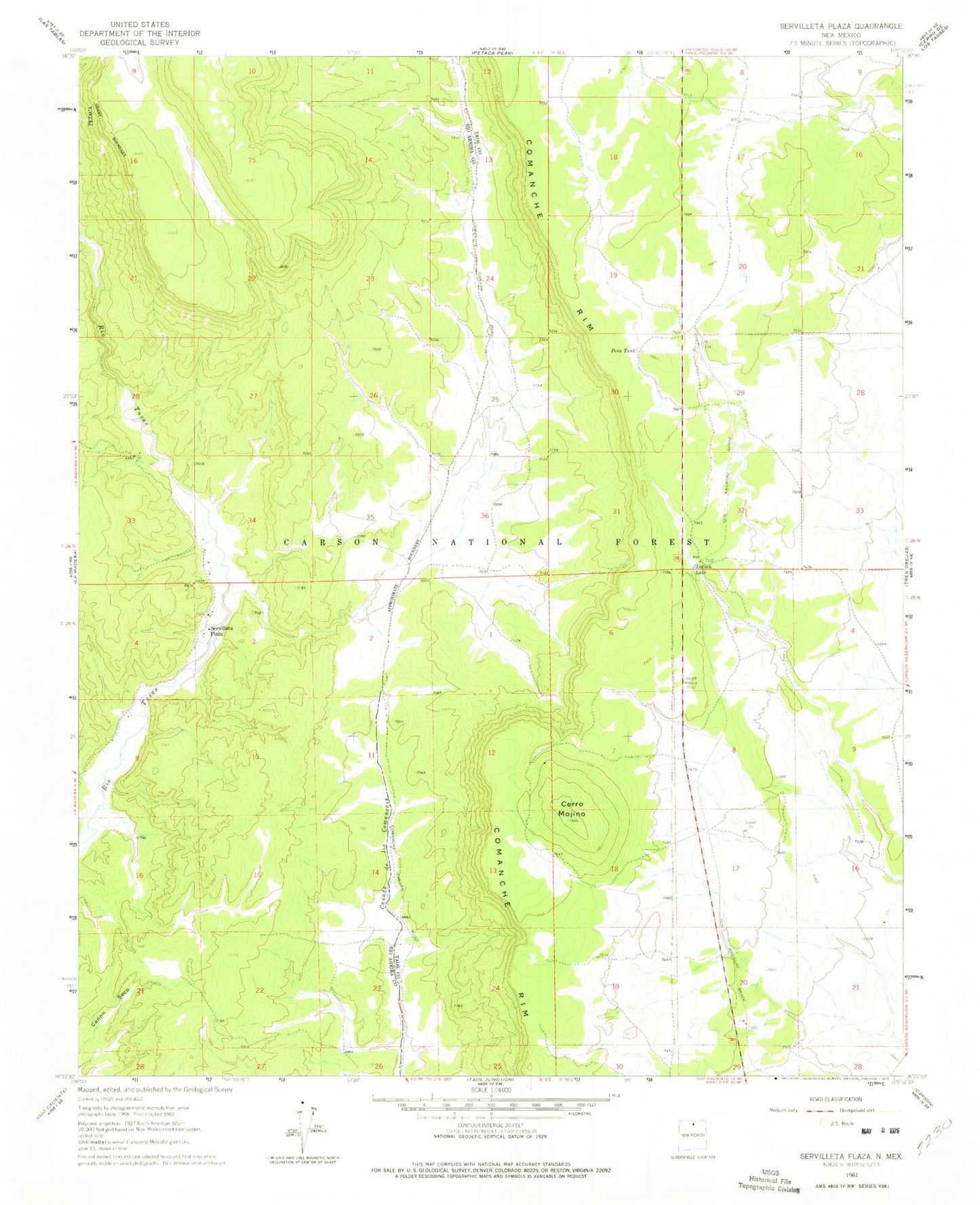 Classic USGS Servilleta Plaza New Mexico 7.5'x7.5' Topo Map Image