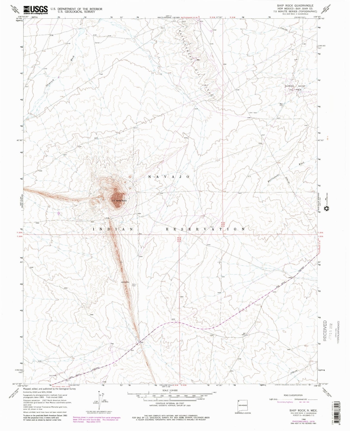 Classic USGS Ship Rock New Mexico 7.5'x7.5' Topo Map Image