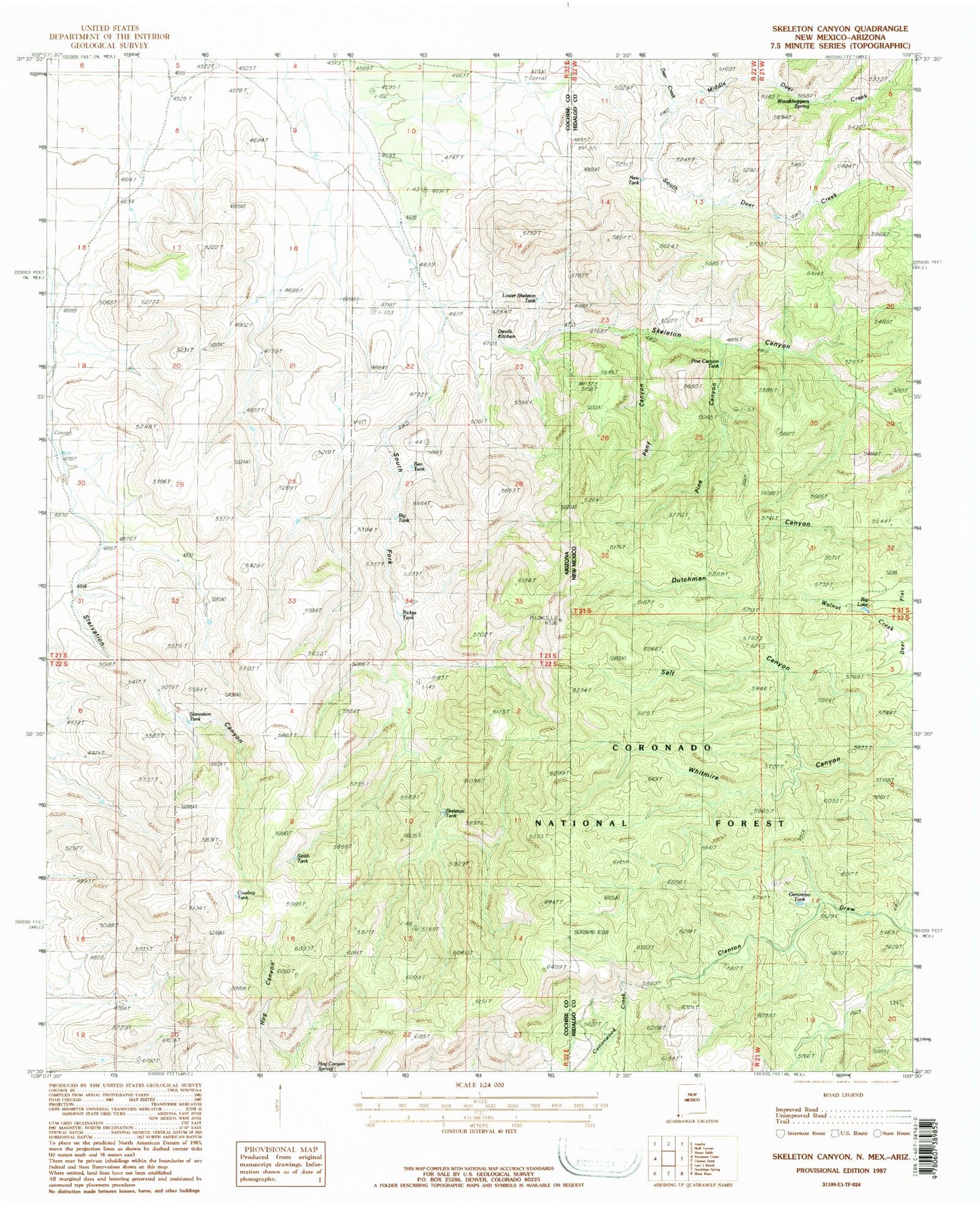 Classic USGS Skeleton Canyon New Mexico 7.5'x7.5' Topo Map Image
