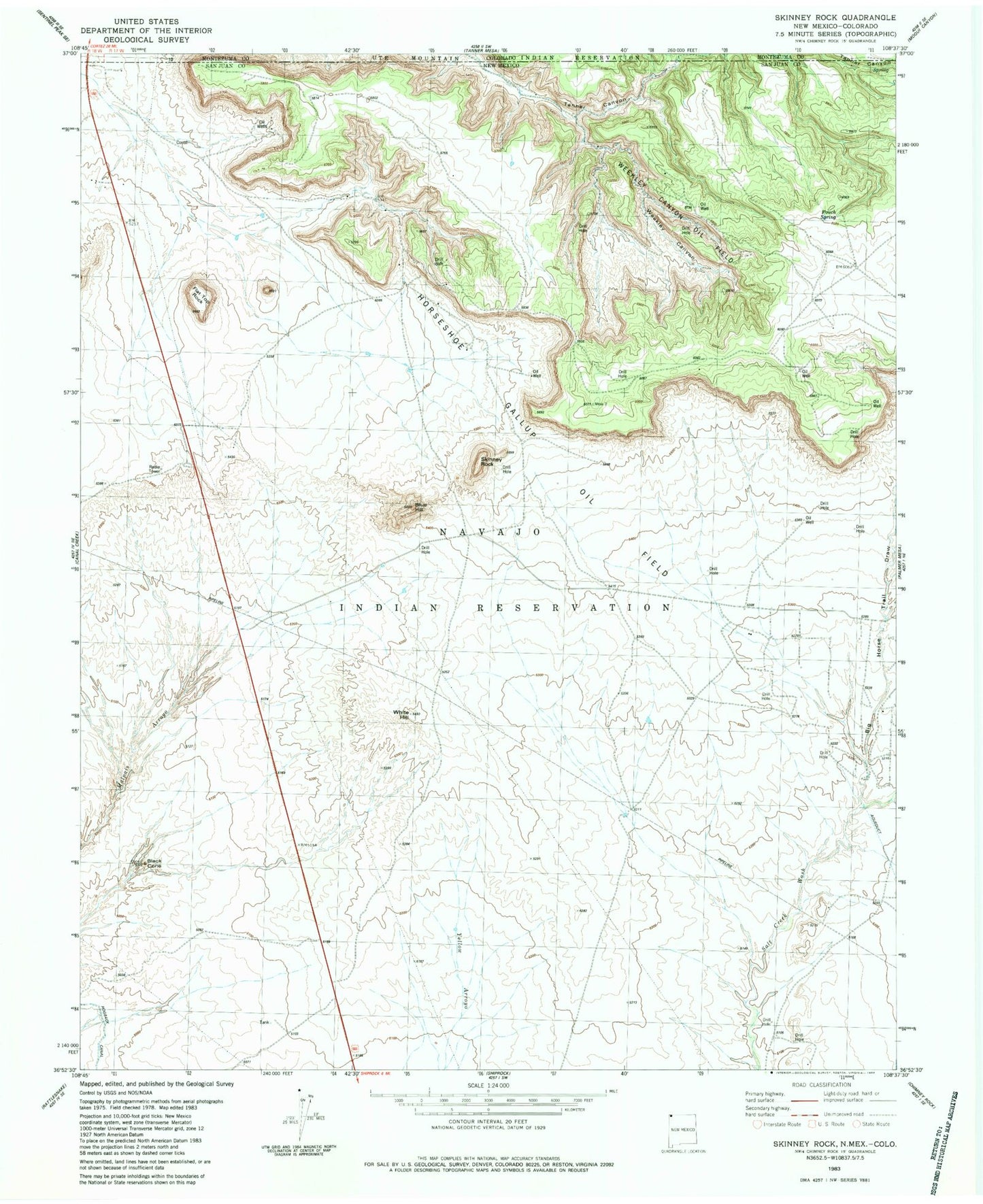 Classic USGS Skinney Rock New Mexico 7.5'x7.5' Topo Map Image