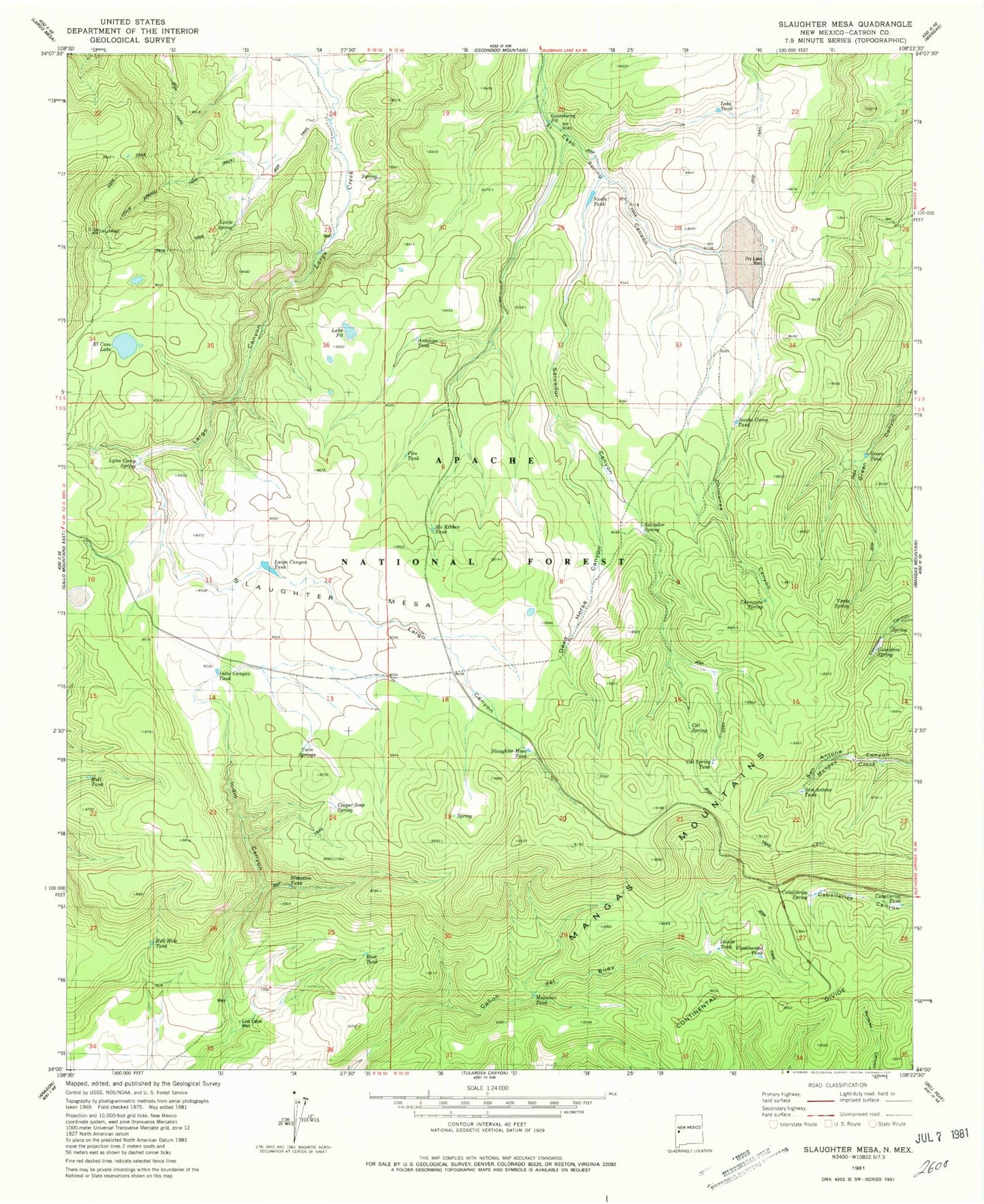 Classic USGS Slaughter Mesa New Mexico 7.5'x7.5' Topo Map Image