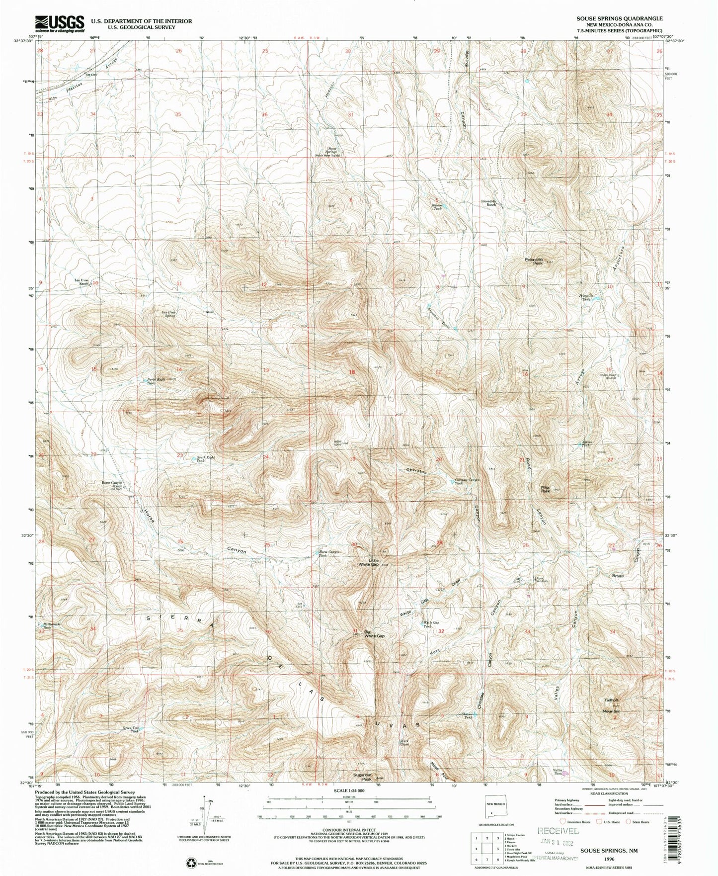 Classic USGS Souse Springs New Mexico 7.5'x7.5' Topo Map Image