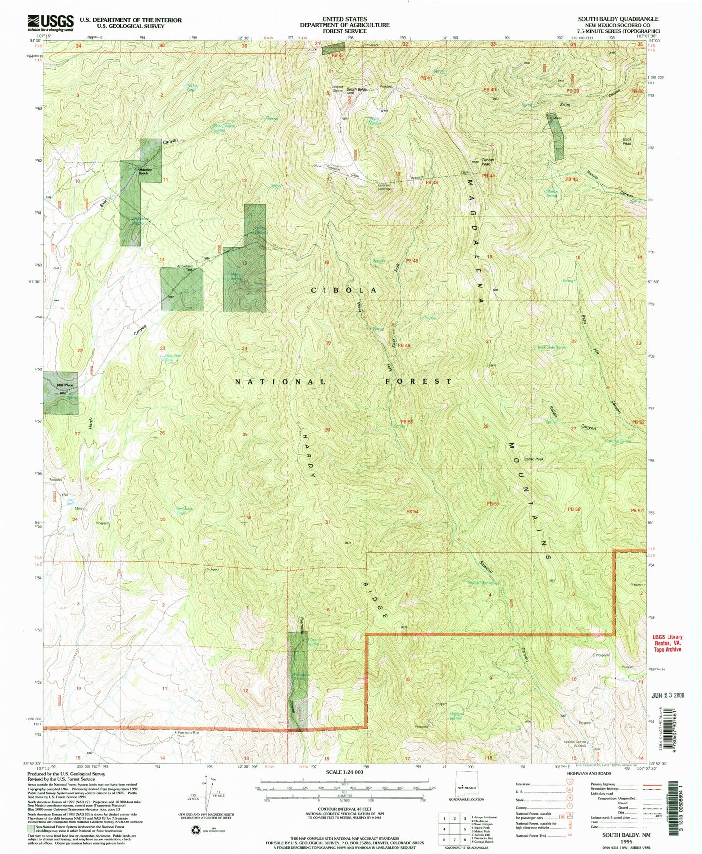 Classic USGS South Baldy New Mexico 7.5'x7.5' Topo Map Image