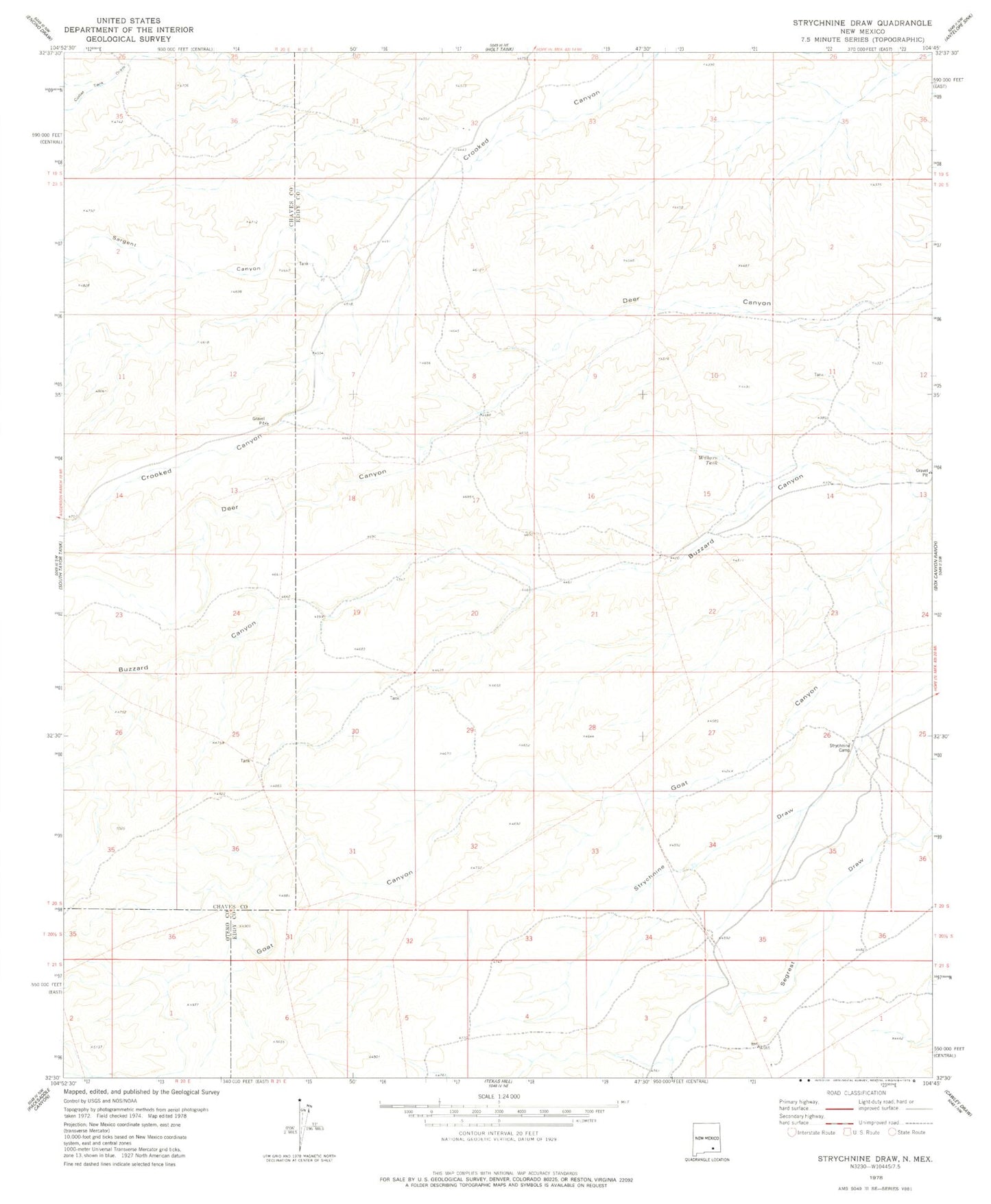 Classic USGS Strychnine Draw New Mexico 7.5'x7.5' Topo Map Image