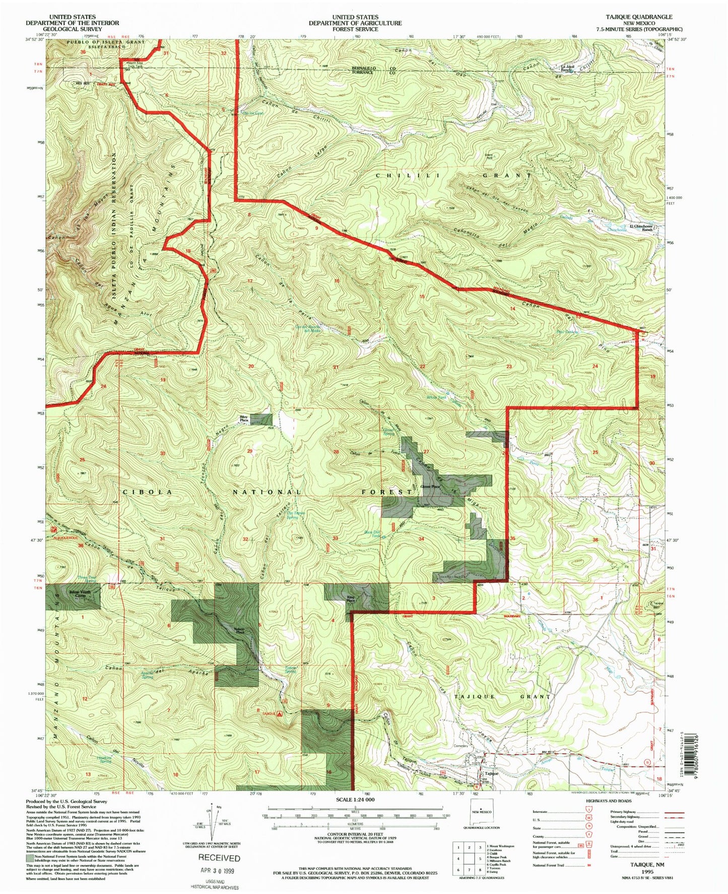 Classic USGS Tajique New Mexico 7.5'x7.5' Topo Map Image