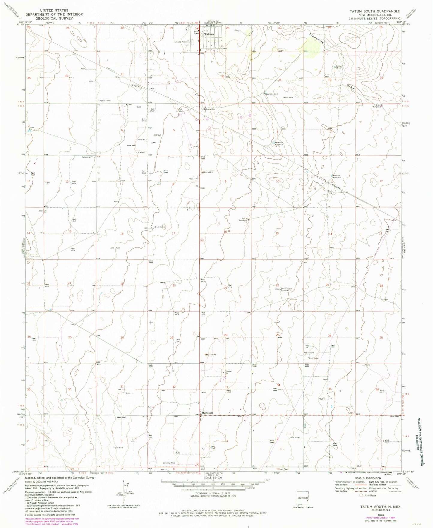 Classic USGS Tatum South New Mexico 7.5'x7.5' Topo Map Image