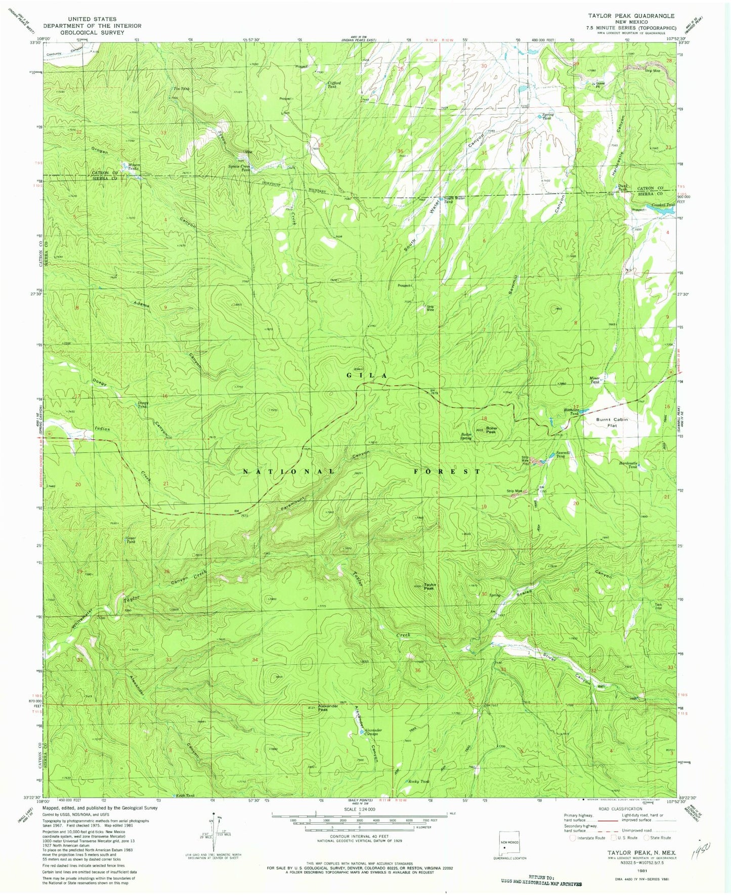 Classic USGS Taylor Peak New Mexico 7.5'x7.5' Topo Map Image