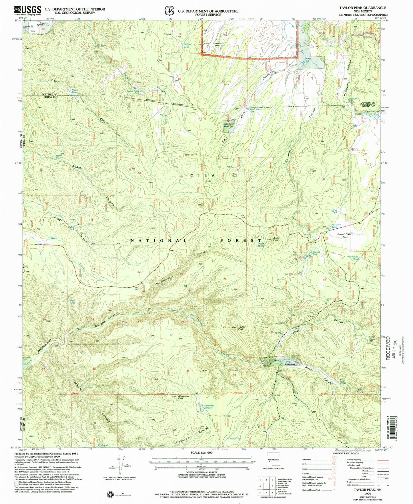 Classic USGS Taylor Peak New Mexico 7.5'x7.5' Topo Map Image