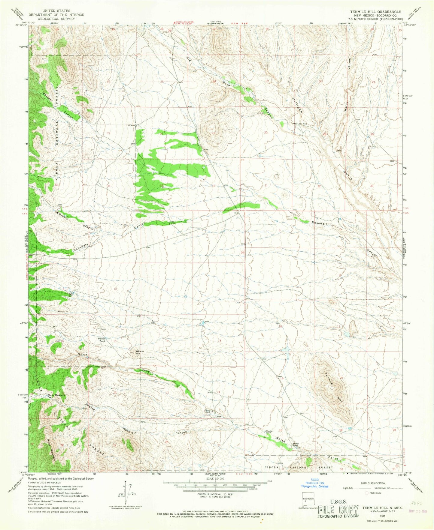 Classic USGS Tenmile Hill New Mexico 7.5'x7.5' Topo Map Image