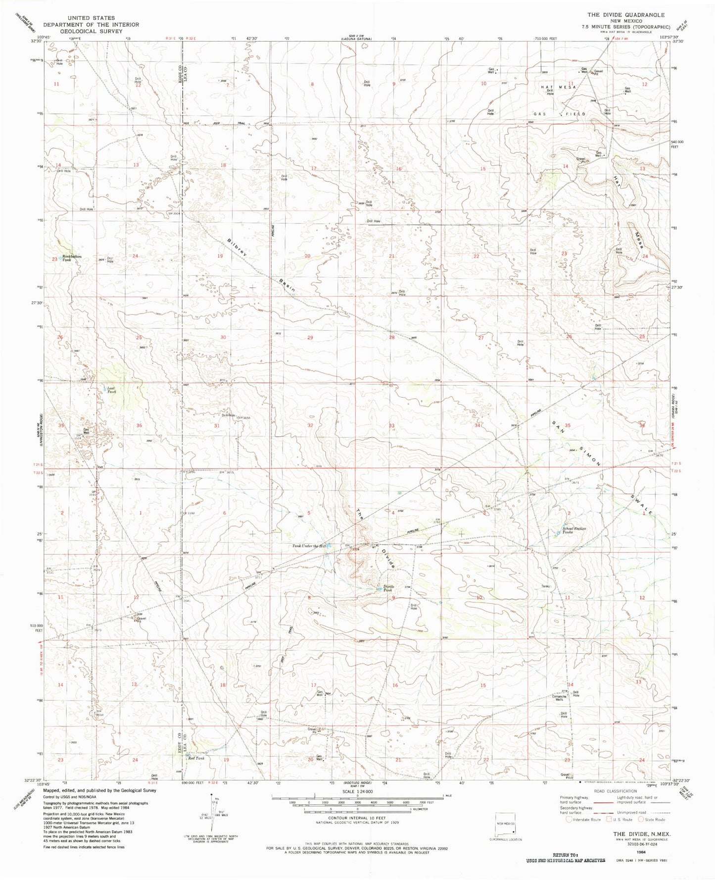 Classic USGS The Divide New Mexico 7.5'x7.5' Topo Map Image