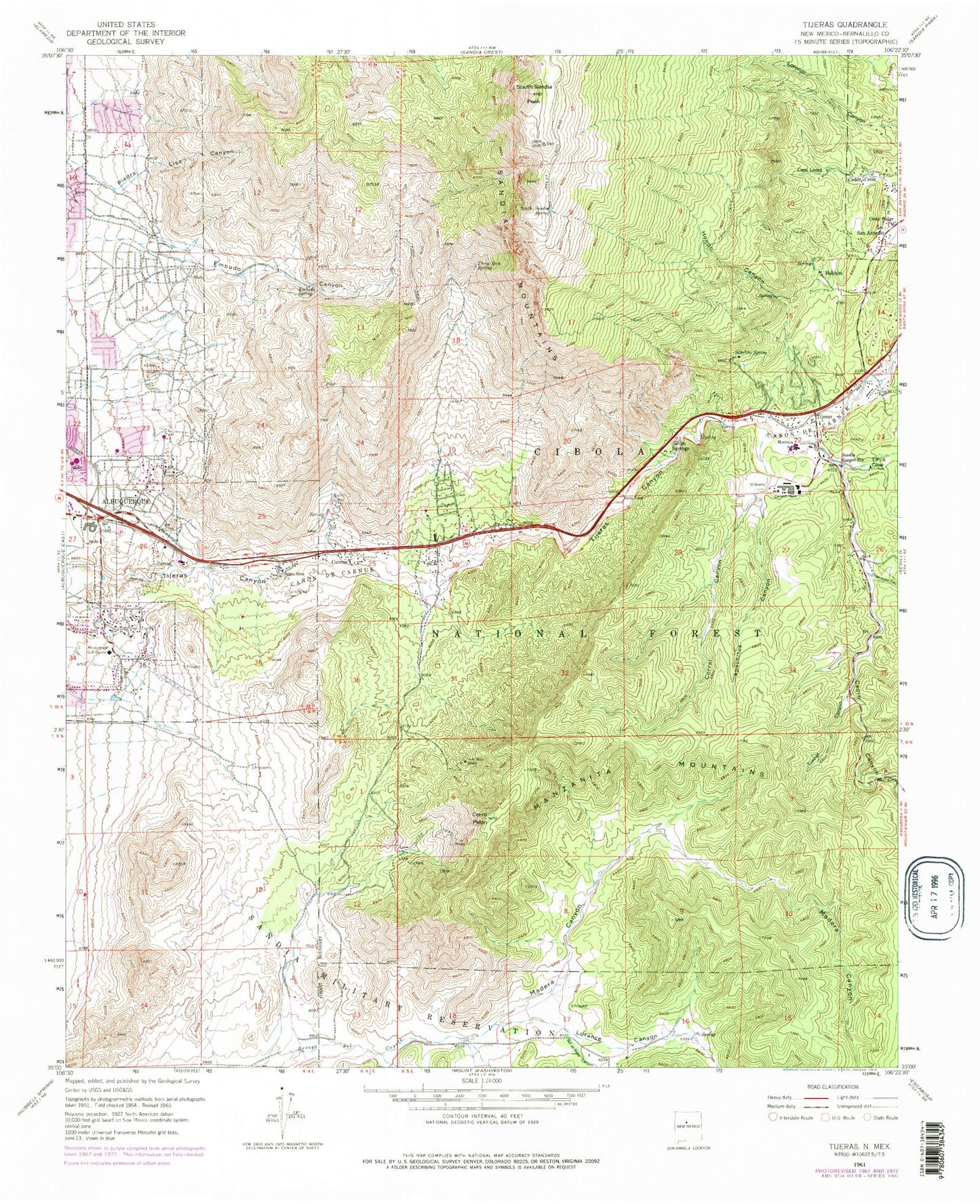 Classic USGS Tijeras New Mexico 7.5'x7.5' Topo Map Image
