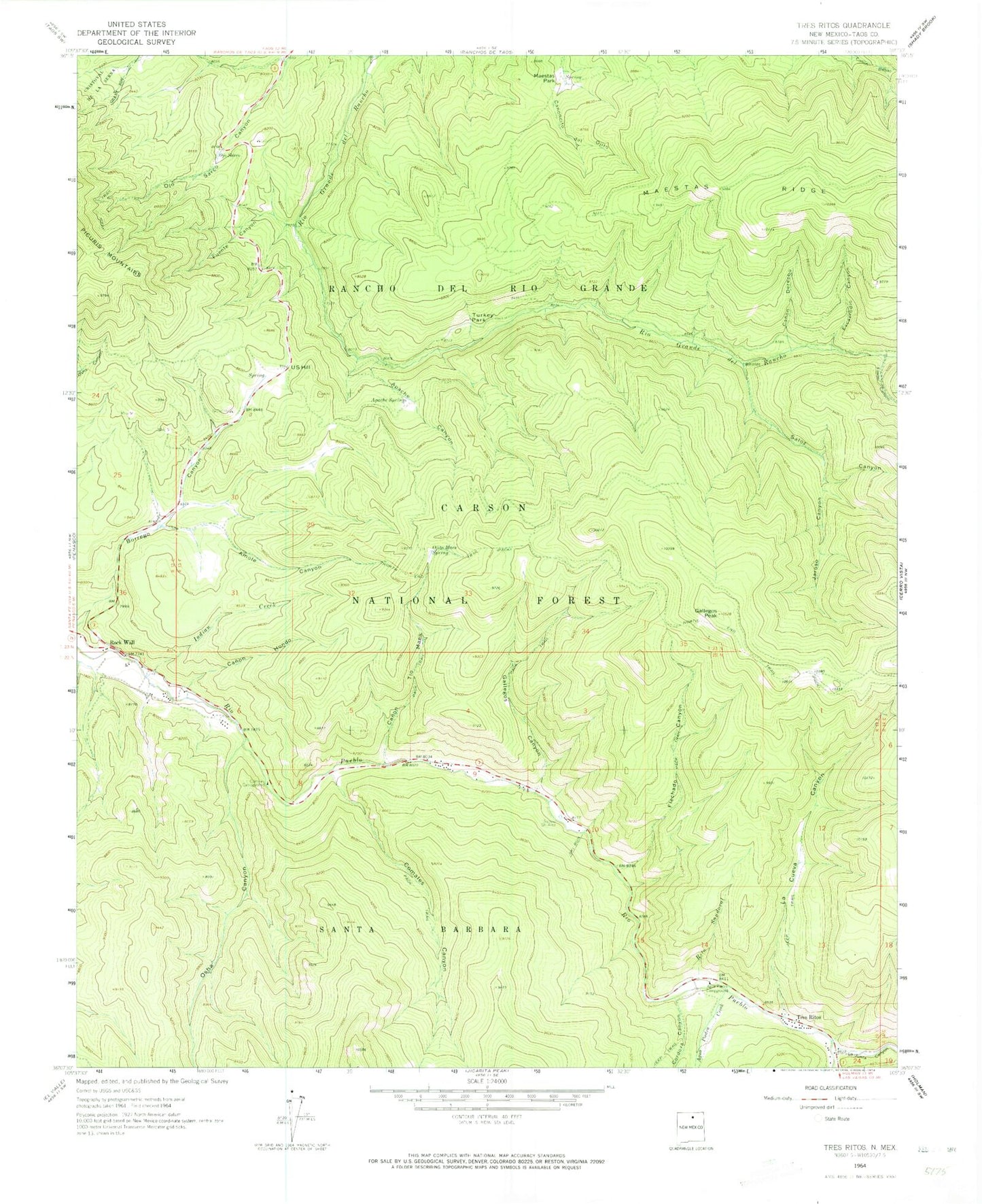 Classic USGS Tres Ritos New Mexico 7.5'x7.5' Topo Map Image