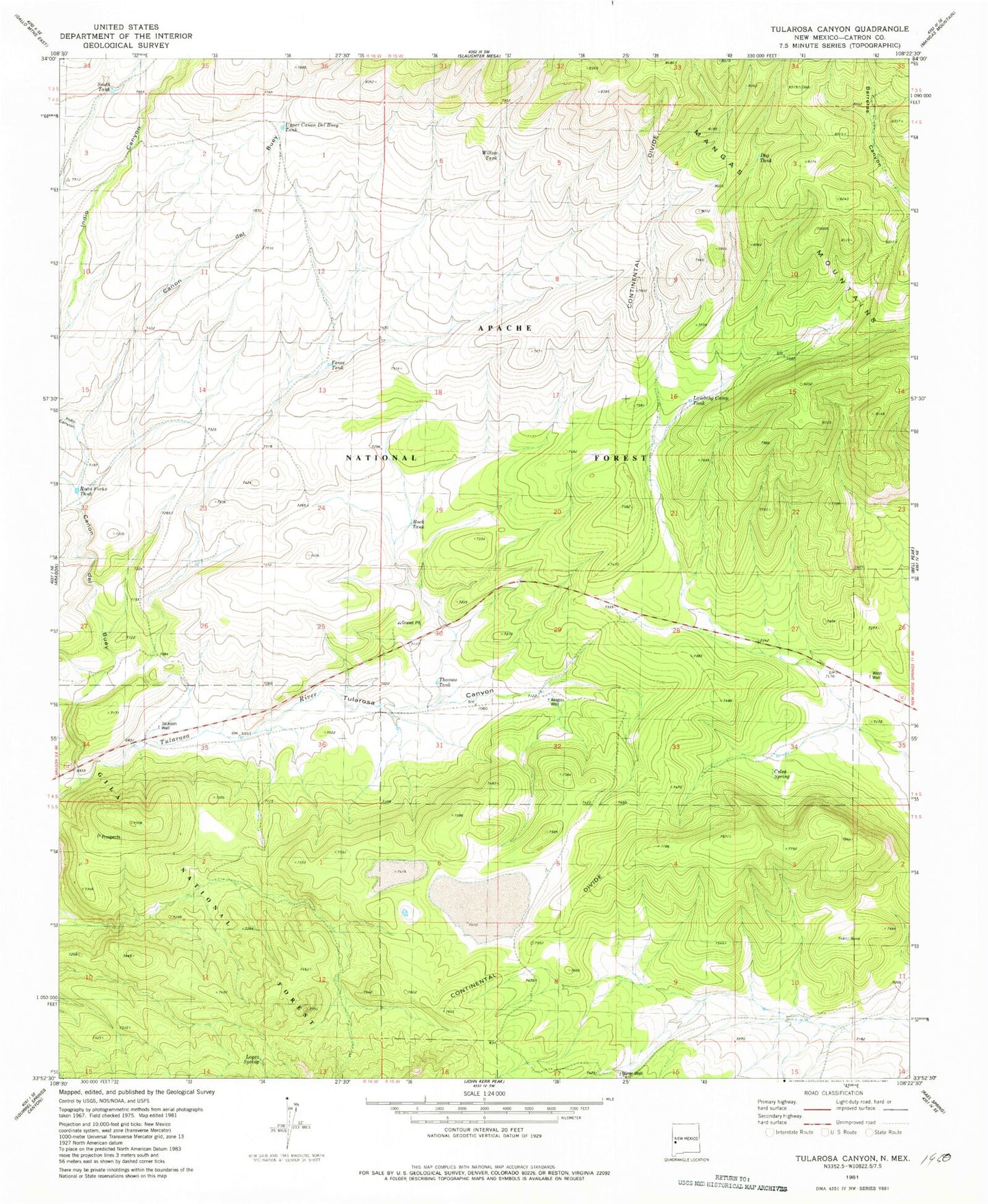 Classic USGS Tularosa Canyon New Mexico 7.5'x7.5' Topo Map Image