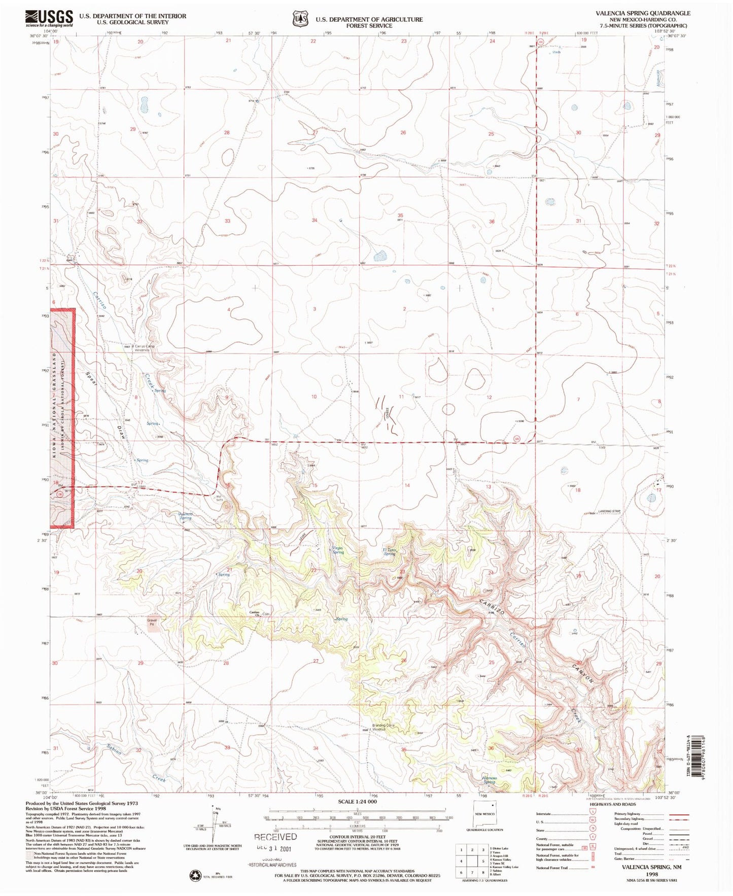 Classic USGS Valencia Spring New Mexico 7.5'x7.5' Topo Map Image