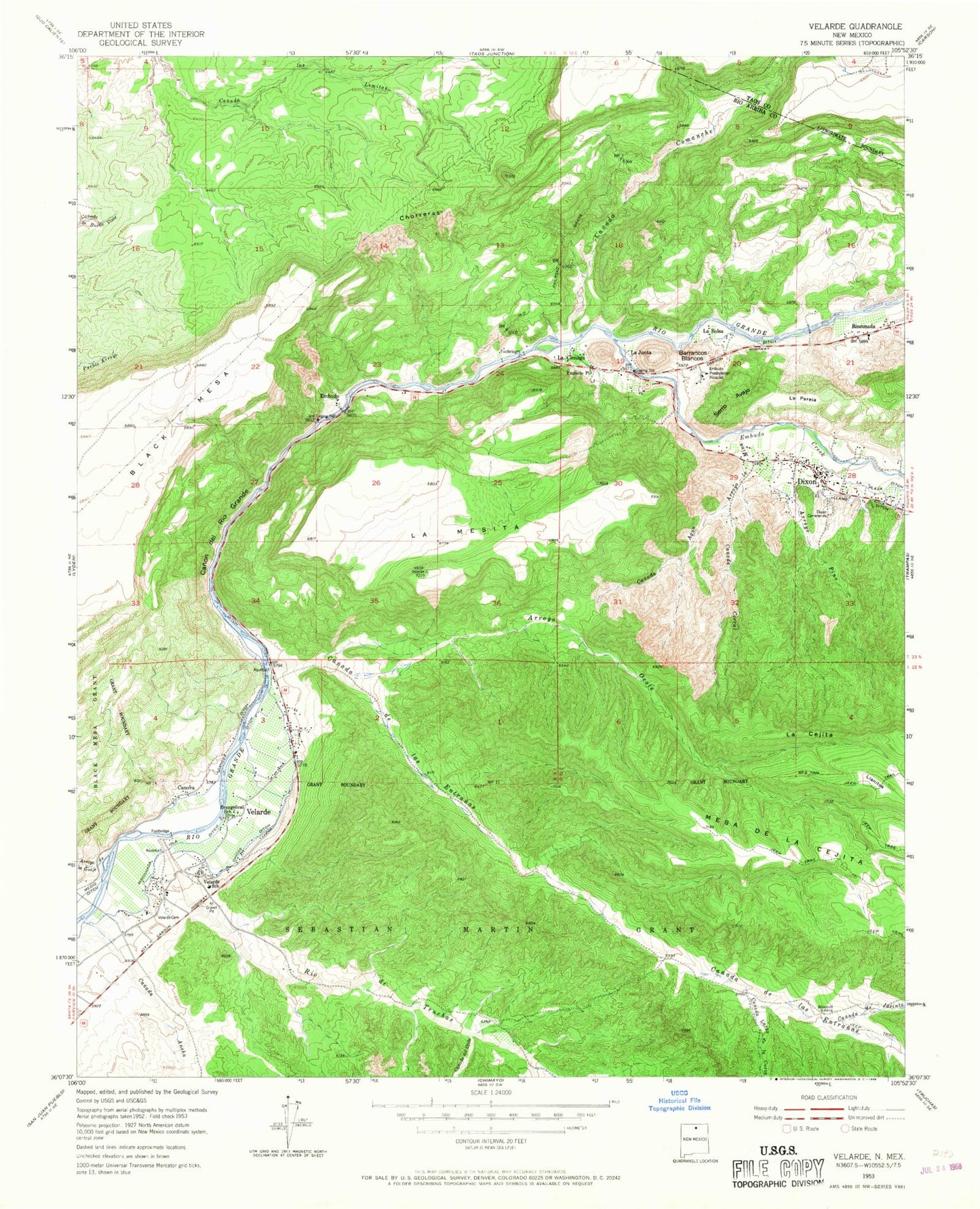 Classic USGS Velarde New Mexico 7.5'x7.5' Topo Map Image