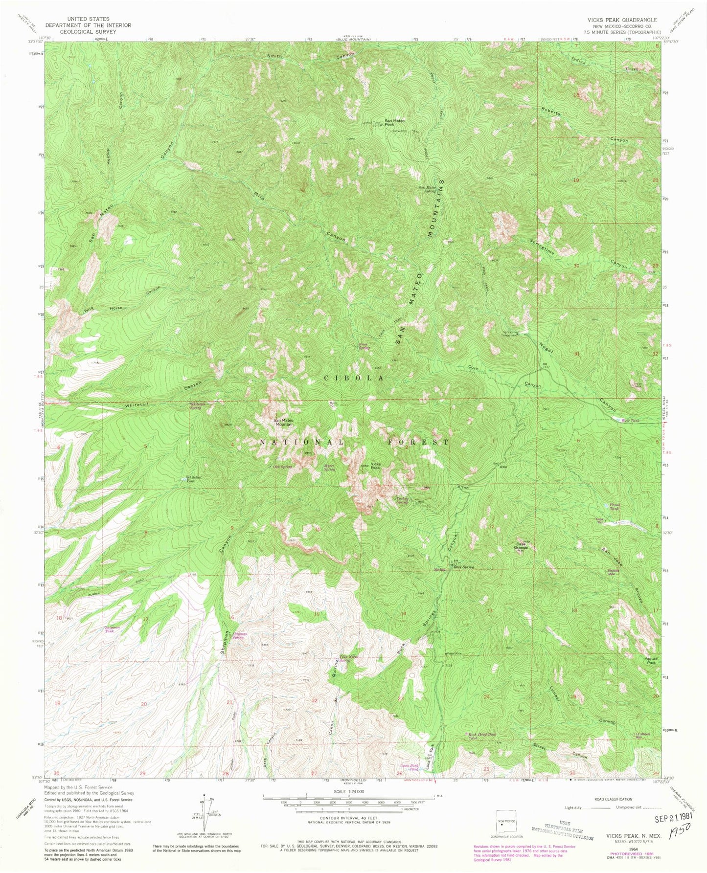 Classic USGS Vicks Peak New Mexico 7.5'x7.5' Topo Map Image