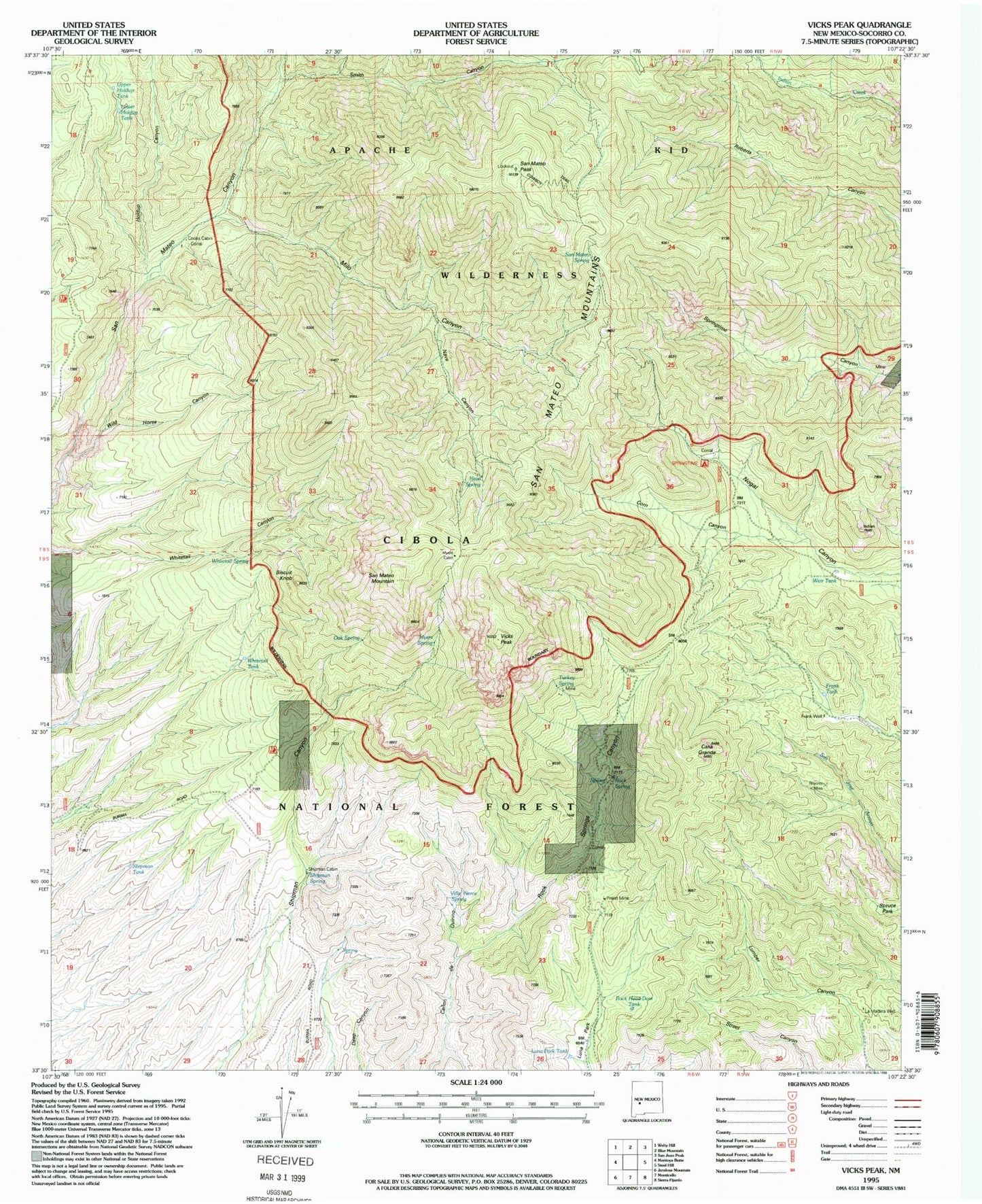 Classic USGS Vicks Peak New Mexico 7.5'x7.5' Topo Map Image