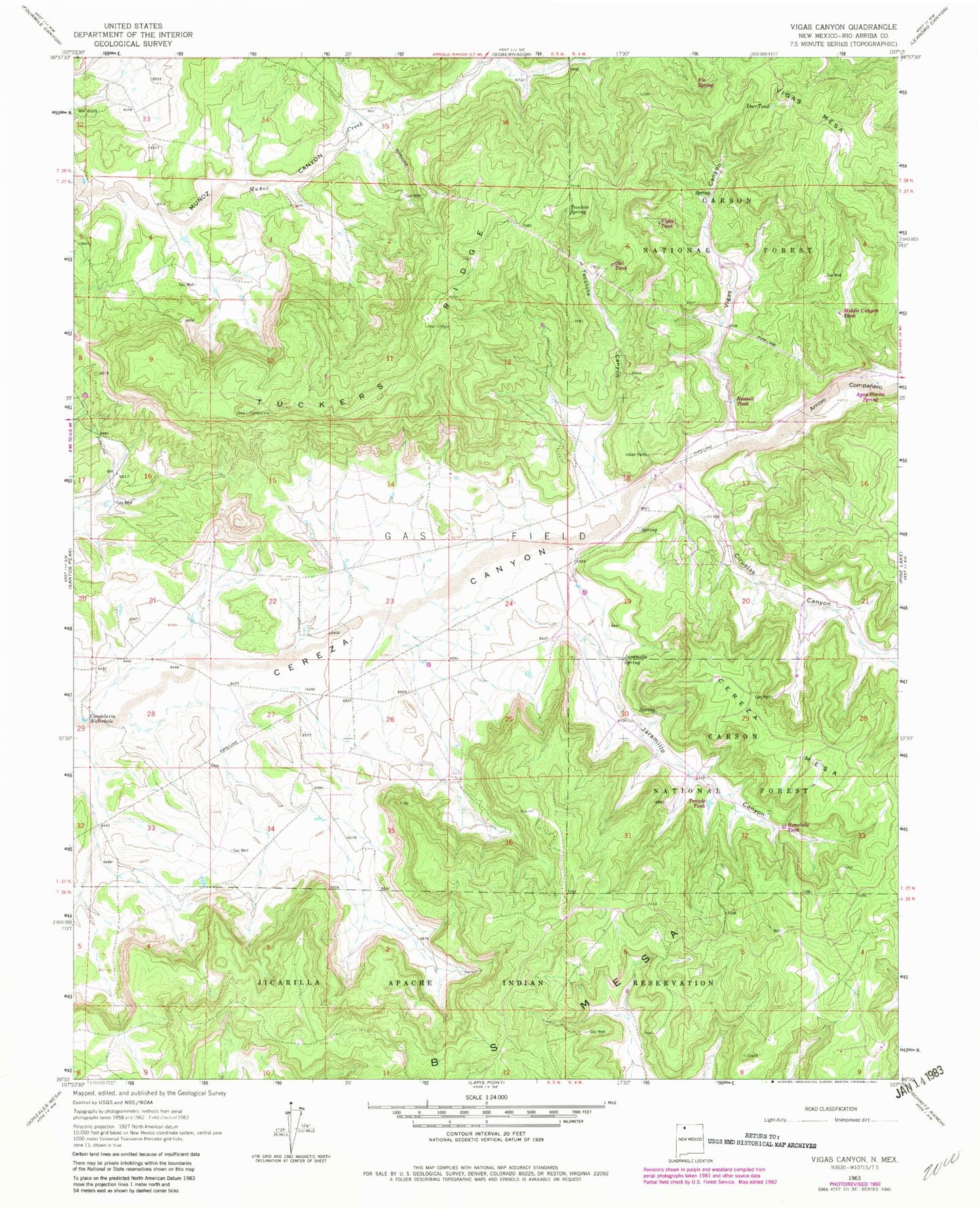 Classic USGS Vigas Canyon New Mexico 7.5'x7.5' Topo Map Image