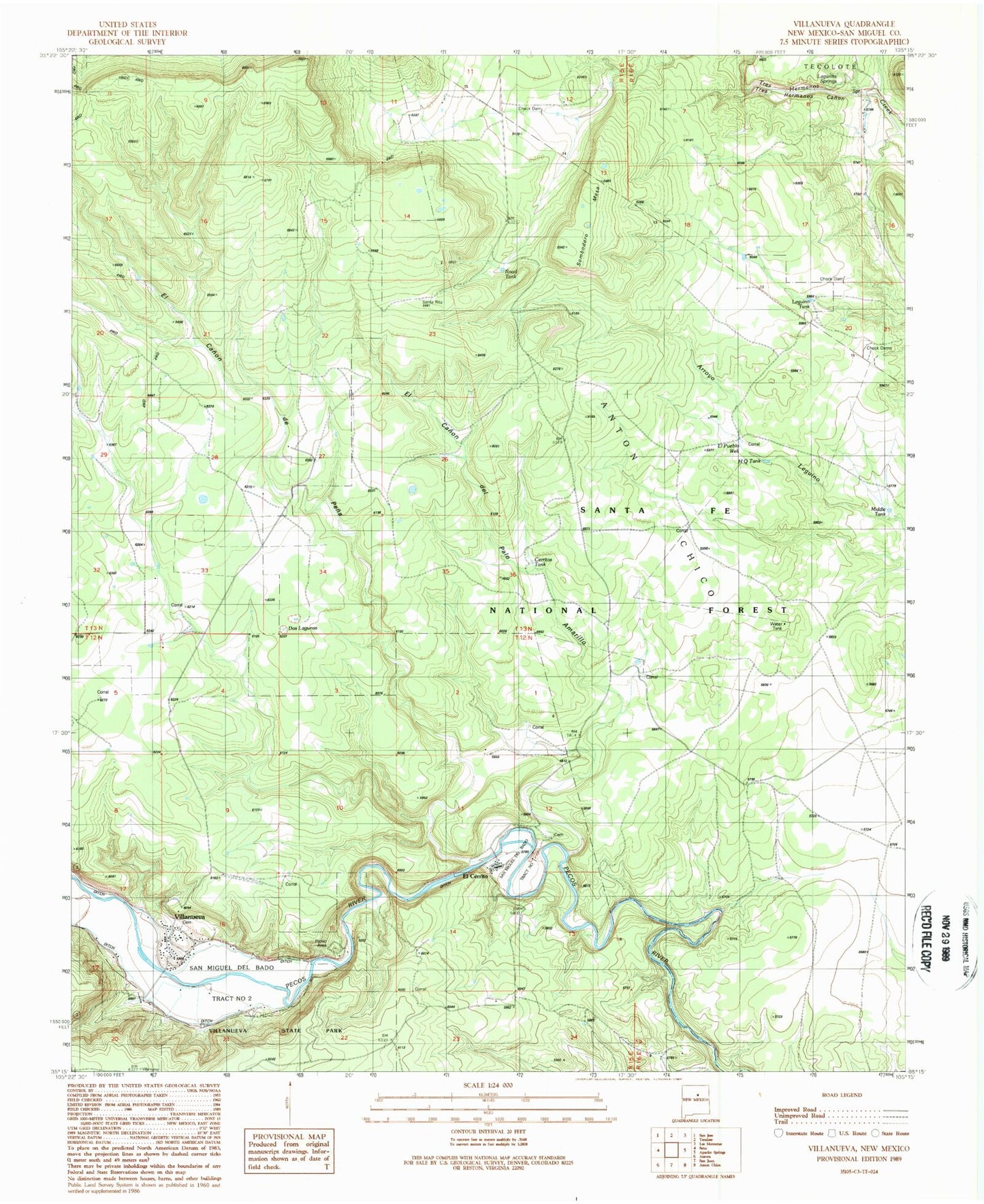 Classic USGS Villanueva New Mexico 7.5'x7.5' Topo Map Image
