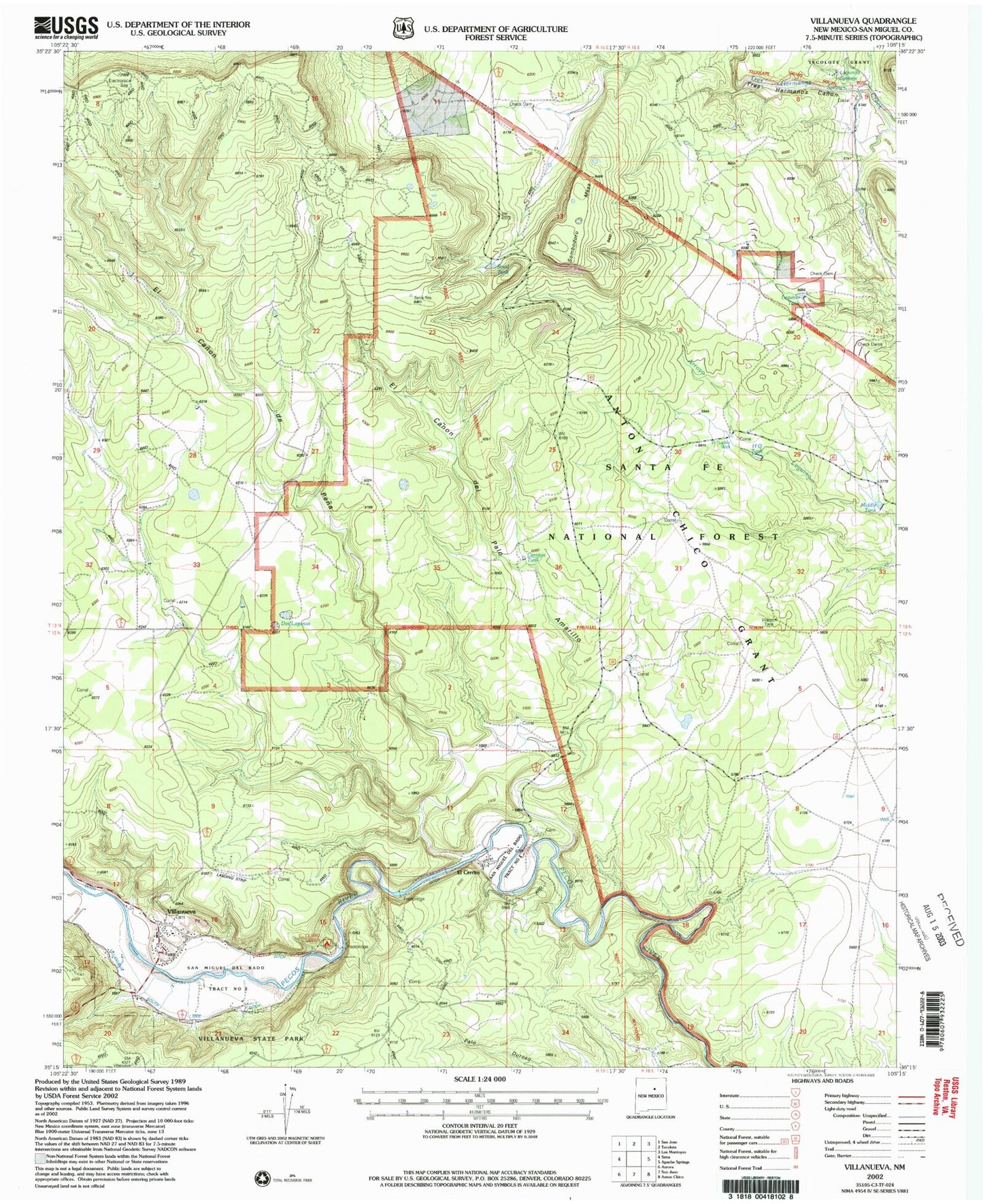 Classic USGS Villanueva New Mexico 7.5'x7.5' Topo Map Image