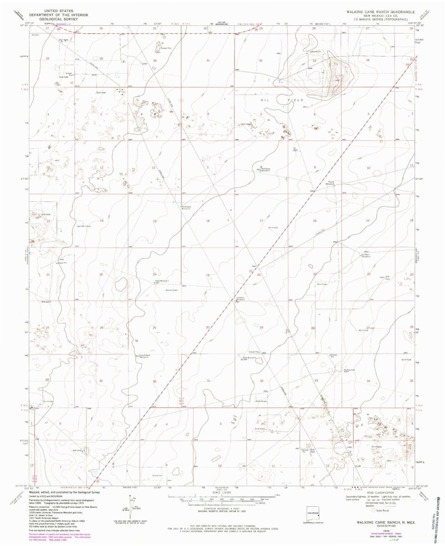 Classic USGS Walking Cane Ranch New Mexico 7.5'x7.5' Topo Map Image