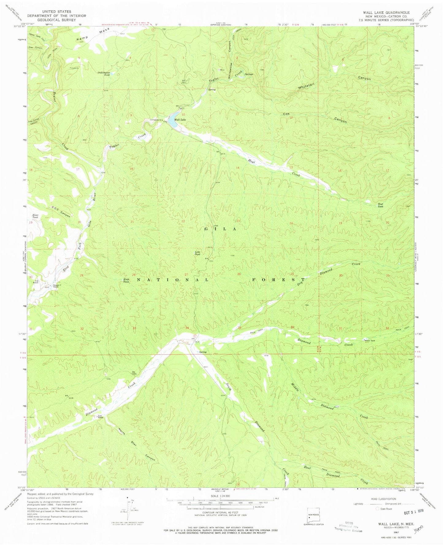 Classic USGS Wall Lake New Mexico 7.5'x7.5' Topo Map Image