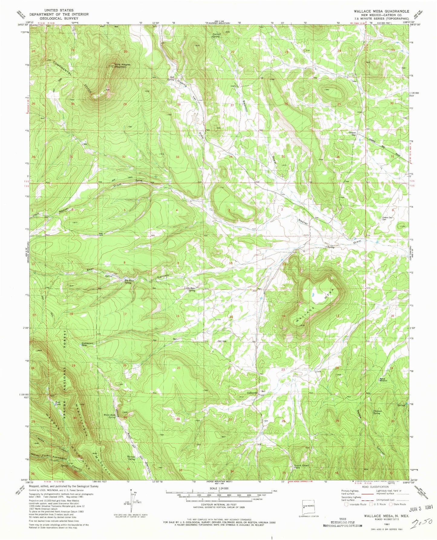 Classic USGS Wallace Mesa New Mexico 7.5'x7.5' Topo Map Image