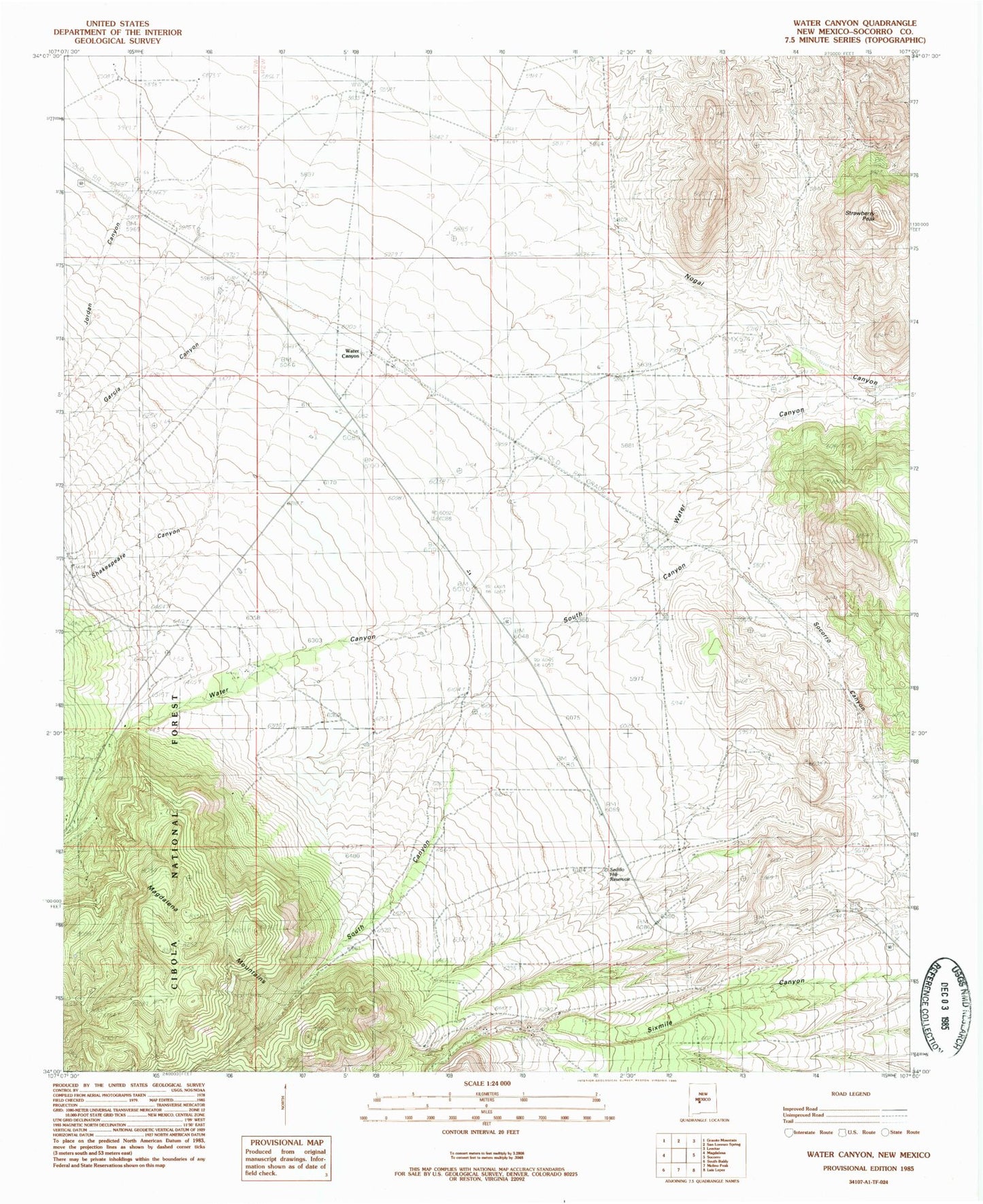 Classic USGS Water Canyon New Mexico 7.5'x7.5' Topo Map Image