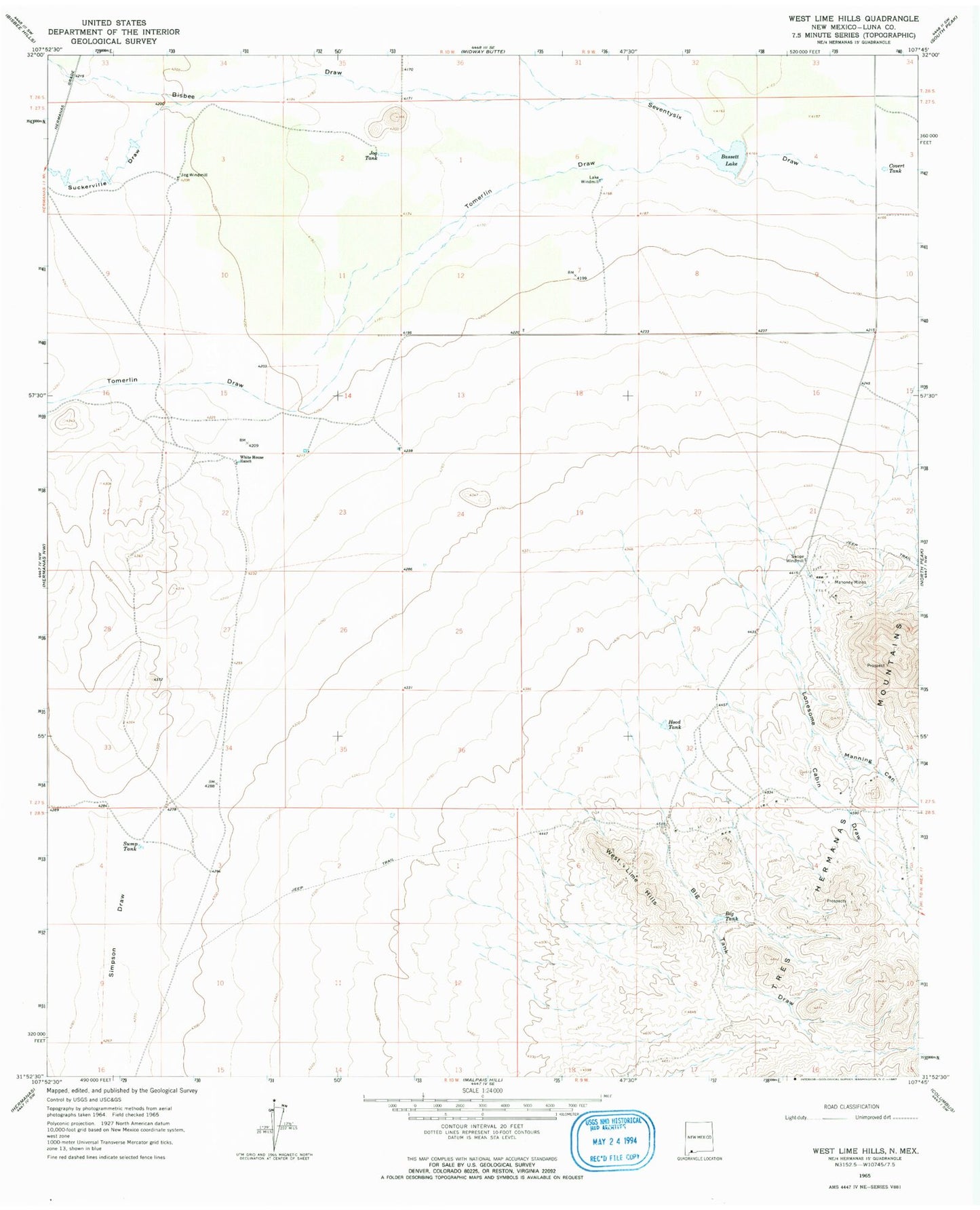Classic USGS West Lime Hills New Mexico 7.5'x7.5' Topo Map Image